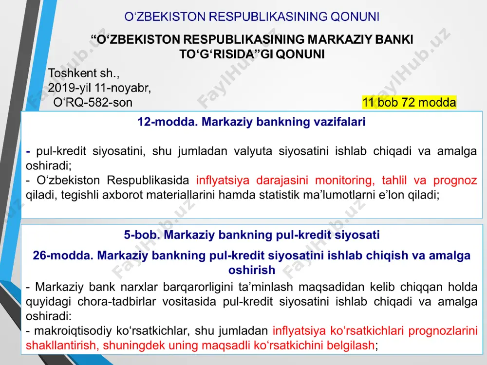 or bank 87 22.08.2020 32 uzum bank 88 01.11.2021 33 smart bank 89 24.12.2022 34 apex bank 90 16.03.2023 35 hayot bank 91 16.03.2023 36 yangi bank 92 04.05.2023 37 yevroosiyo banki 94 11.01.2024 фискал сиёсат давлатнинг муҳим вазифаларидан бири иқтисодиётни барқарорлаштириш ҳисобланади. бундай барқарорлаштиришга бюджет-солиқ сиёсат ва пул-кредит сиёсат воситалари орқали эришилади. ғарб илмий адабиётида бюджет-солиқ сиёсати жумладан фискал сиёсат деб номланади. фискал сиёсати деганда иқтисодиётда тўлиқ бандлиликни, тўлов балансининг мувозанатини ва иқтисодий ўсишни таъминлашга қаратилган давлат харажатлари ва солиқларини ўзгартиришни ўз ичига олган чора- тадбирлар тушунилади. * рағбатлантирувчи фискал сиёсатнинг макроиқтисодиётга таъсири * давлат харажатларини ошириш, солиқларни камайтириш ялпи талабнинг ўсиши ялпи таклифнинг ўсиши яимнинг ўсиши чекловчи фискал сиёсатнинг макроиқтисодиётга таъсири * давлат харажатларини камайтириш; солиқларни ошириш ялпи талабнинг камайиши талаб инфляциясининг қисқариши давлат бюдждети камомадини молиялаштириш усуллари: * солиқ ставкаси ва солиқ тушумлари ўртасидаги боғлиқлиқ америкалик иқтисодчи артур лаффер томонидан тадқиқ этилган. а.лаффер концепциясига биноан давлат бюджет …