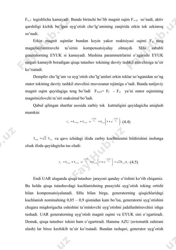 ning kattaligiga ta’sir etmaydi. tokning davriy va aperiodik tashkil etuvchisining boshlang’ich qiymatlari hamda ularning so’nish jarayoni va demak, zarbiy tok xuddi yuqorida ko’rib o’tilgan generatorning uar siz ishlashidagi kabi bo’ladi. qisqa tutashuvda generator qisqichlaridagi kuchlanishning pasayish chuqo’rligi va demak, rostlash tizimining reaktsiyasi shikastlangan joyining oralig’iga qarab qisqa tutashuv toki davriy tashkil etuvchisining ta’sir etuvchi miqdorining vaqt bo’yicha o’zgarishi egri chiziqlari keltirilgan mashina chiziqlariga qisqa tutashgan bo’lsa, uar qisqa tutashuv toki kattaligiga sust ta’sir etadi, chunki, yakor reaktsiyasi oqimining magniszlantiruvchi ta’siri katta. foydalanilgan adabiyotlar 1. draganov b.x., kuznetsov a.v. teplotexnika i primenenie teplot v selskom xozyaystve. m.: agropromizdat. 1990 2. nurmatov m.v. va bosh. issiqlik texnikasi. t.: o’qituvchi, 1998. 256 b. 3. iskandarov z.s. issiqlik texnikasi asoslari. t. mehnat, 2003. 188 b. 4. nashokin v.v. texnicheskaya termodinamika i teploperedacha. m.: vsshaya shkola. 1980 _1218388998.unknown _1218391485.unknown _1218391824.unknown _1218391901.unknown _1218391938.unknown _1218391680.unknown _1218389063.unknown _1217688084.unknown _1217688110.unknown _1217688027.unknown