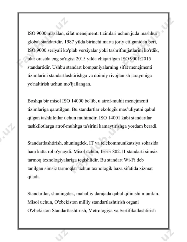 arda iqtisodiy o'sishni qo'llab-quvvatlaydi. to'rtinchidan, atrof-muhitning himoyasini ta'minlash standartlashtirishning muhim ahamiyatga ega maqsadlaridan biridir. standartlar ekologik ta’sirni kamaytirishga yordam beradigan me’yorlarni belgilaydi. masalan, iso 14000 seriyali standartlar atrof-muhitni boshqarish tizimlari uchun standartlardir va ular korxonalar ekologik izlarini kamaytirish uchun yo'l-yo'riqlar beradi. beshinchidan, resurslardan samarali foydalanishni ta'minlash ham standartlashtirishning maqsadlari qatoriga kiradi. standartlashtiruvchi jarayonlar tijorat va ishlab chiqarish sohalarida energiya, materiallar va vaqtni tejalishiga yordam beradi. bu esa rentabellikni oshirish va resurslarning samarasiz sarfini kamaytirishga yordam beradi. oltinchi maqsad - texnologik va ilmiy-tadqiqot faoliyatini rag'batlantirishdir. standartlashtirish jarayoni yangi texnologiyalar va innovatsiyalarni tadbiq qilishda yo'l-yo'riq bo’lib xizmat qiladi. bu, o'z navbatida, ilmiy-tadqiqot ishlarini kuchaytirishga va ixtirolarni tijoratlashtirish jarayonini tezlashtirishga yordam beradi. yettinchidan, iste’molchilar huquqlarini himoya qilish standartlashtirishning muhim maqsadlaridan biridir. standartlar iste'molchilarni mahsulotlar va xizmatlar sifatiga nisbatan adolatli me'yorlarga asoslangan kutishlarini ta'minlaydi va ularning huquqlarini himoya qiladi. sakkizinchidan, ichki bozorda raqobatni oshirish ham standartlashtirishning keyingi maqsadidir. standartlar raqobatni rivojlantiruvchi omil sifatida ishlab …