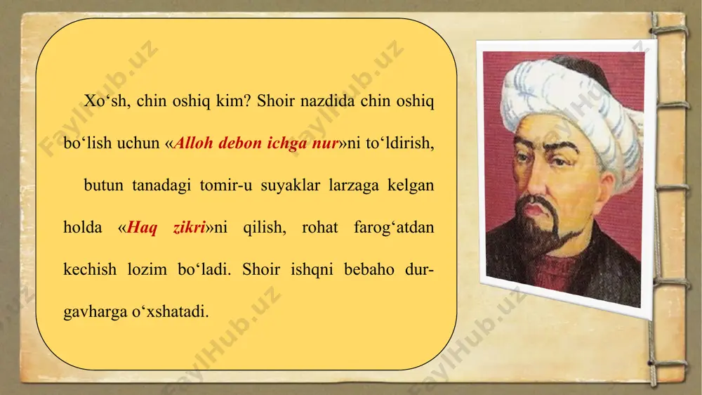 singari istioralarni ham qo‘llaydi. adib to‘g‘ridan to‘g‘ri nafsga qarshi kurashni, uning yo‘rig‘iga yurmaslikni targ‘ib qiladi. nafsning domiga ilinish insonni qanchalik yer bilan yakson qilishini juda yorqin ifodalarda ko‘rsatib beradi. boshqa bir she’rida shunga urg‘u berib yozadi: nafs yo‘lig‘a kirgan kishi rasvo bo‘lur, yo‘ldan ozib, toyib, to‘zib gumroh bo‘lur. yotsa, qo‘psa shayton bilan hamroh bo‘lur, nafsni tepkil, nafsni tepkil, ey badkirdor. ahmad yassaviy she’riyatining keng tarqalishi va xalq orasida sevib o‘qilishining asosiy sabablaridan biri uning xalq og‘zaki ijodiga nihoyatda yaqinligidadir. hikmatlar, asosan, to‘rtlik va murabba’ shaklida bitilgan. rohat tashlab, jon mehnatim xushlag‘anlar, saharlarda jonin qiynab ishlag‘anlar, ho-yu havas, moumonni tashlag‘anlar chin oshiqdir, hargiz oni yolg‘oni yo‘q.