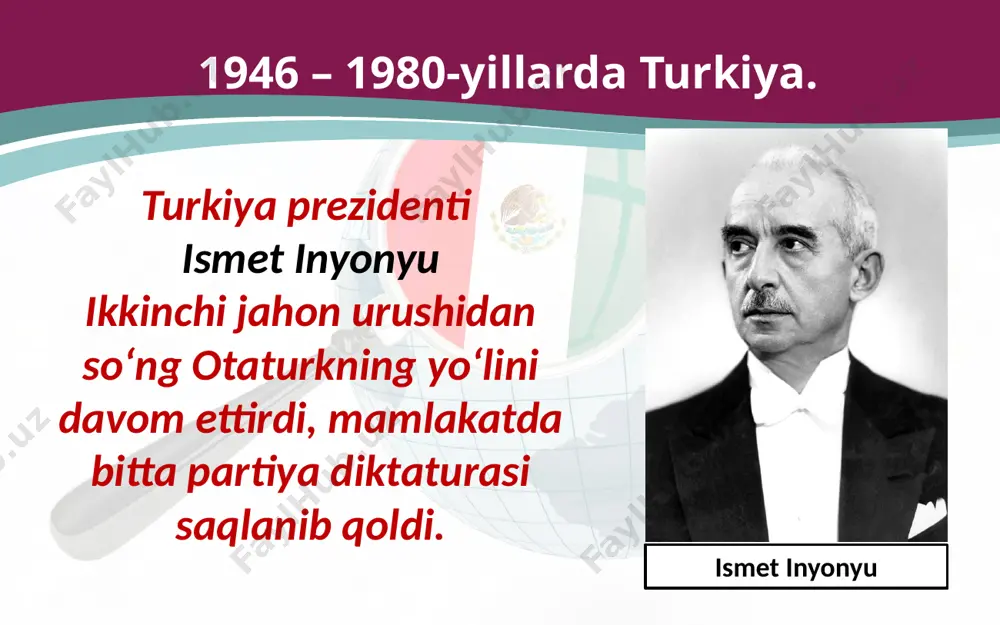 angi konstitutsiya qabul qilinib, unga ko‘ra m. dovud umrbod prezident deb e’lon qilindi. ammo m. dovud armiya ustidan o‘z hukmronligini o‘rnata olmadi. m. dovud 1977-yili yangi konstitutsiya qabul qilinib, unga ko‘ra m. dovud umrbod prezident deb e’lon qilindi. ammo m. dovud armiya ustidan o‘z hukmronligini o‘rnata olmadi. 1978-yil 27-aprelda afg‘oniston harbiy-havo kuchlari qo‘mondoni polkovnik abdul qodir boshchiligidagi harbiylar davlat to‘ntarishini amalga oshirib, m. dovudni hokimiyatdan chetlatdi. inqilobiy kengash tuzilib, u o‘zini afg‘onistondagi oliy hokimiyat deb e’lon qildi. kengashga nur muhammad tarakiy boshchilik qildi. nur muhammad tarakiy 1986-yili hokimiyatga muhammad najibullo keldi. u xavfsizlik xizmatining boshlig‘i bo‘lib, qat’iyatli va jasur kishi edi. uning siyosati ancha muvaffaqiyatli bo‘ldi. muhammad najibullo savol va topshiriqlar 1. turkiyada 1945–1980-yillarda amalga oshirilgan islohotlar qanday natijalarga olib keldi? 2. turkiyani jadal rivojlanish yo‘liga tushirgan t. o‘zol islohotlari haqida gapirib bering. bu islohotlar qanday natijalarga olib keldi? 3. erondagi «oq inqilob» qanday maqsadlarni ko‘zlagan edi va u qanday …