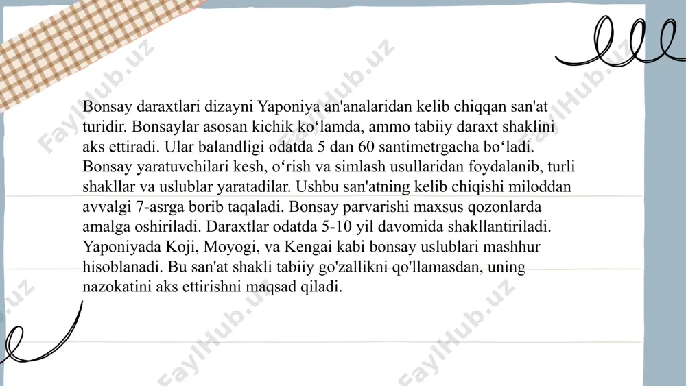 estetik va amaliy jihatlarini uyg‘unlashtiruvchi muhim jarayonlardan biridir. ushbu jarayonda daraxt va butalarning biologik xususiyatlari, ularning o‘sish sur’ati, shoxlanish qobiliyati va egiluvchanligi chuqur tahlil qilinadi. shakl berish ishlari maxsus kesish, bukish, bog‘lash va yo‘naltirish usullari orqali bosqichma-bosqich amalga oshiriladi. loyiha jarayonida ekologik muvozanat saqlanadi, o‘simlikka zarar yetkazmaslik tamoyili qat’iy nazarda tutiladi. turli shakldagi daraxtlar — hayvon, geometrik figura, gumbaz, arkalar ko‘rinishida yaratiladi va ular bog‘ manzarasiga o‘ziga xos go‘zallik, individual uslub hamda madaniy estetik qiymat bag‘ishlaydi. shuningdek, bu uslub nafaqat bezak funksiyasini bajaradi, balki odamlarning tabiat bilan uyg‘un hayot tarzini shakllantirishga ham xizmat qiladi. shunday qilib, daraxtlardan shakllar yasashni loyihalashtirish ijodkorlik, ilmiy yondashuv va ekologik mas’uliyatni talab qiluvchi dolzarb yo‘nalish hisoblanadi. daraxtlardan turli shakllar yasashni loyihalashtirish ruxshona kattaboyeva foydalanilgan adabiyotlar roʻyxati oʻzbekiston respublikasi vazirlar mahkamasining 2010-yil 29-dekahrda chiqarilgan 322-sonli 2011-2015 yillarda madaniyat va istirohat bog’larining moddiy texnika bazasini muslahkamlash va ulaming faoliyatini yanada takomillashtirish chora-tadbirlari dasturini tasdiqlash” to’g’risidagi qarori-t. 2010-y …