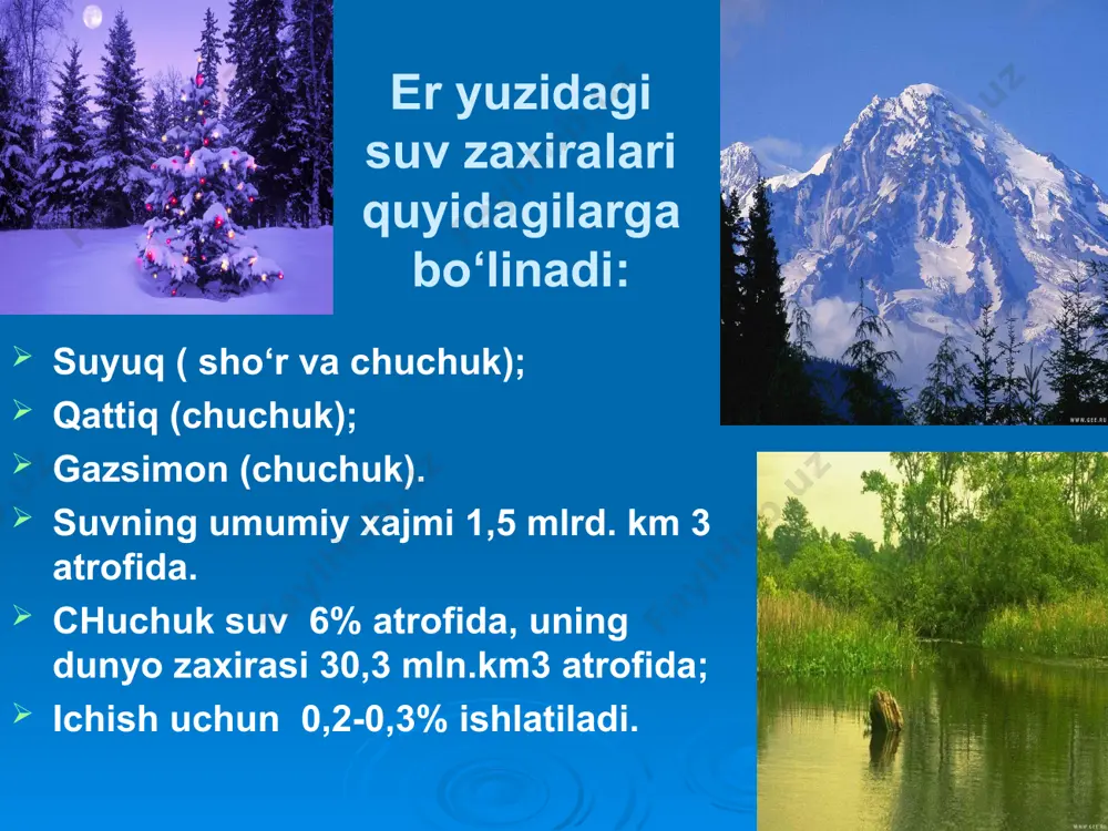 ka – smenada 1 bemor uchun 13 litr suvning gigienik normativlari ds (davlat standarti) asosida olib boriladi : gost 950-2011: «ichimlik suviga bo‘lgan gigienik talablar va sifatini ustidan nazorati» standartda ichish uchun va xo‘jalikda axoli foydalaniladigan xar qanday markaziy usulda beriladiganvodoprovod suviga bo‘lgan fizik, kimyoviy, bakteriologik talablar keltirilgan. epidemiologik jixatdan xavfsiz. kimyoviy tarkibi jixatidan bezarar, yoqimli organoleptik xususiyatlarga ega bo‘lishi kerak. suvning epidemiologik xavfsizligini ko‘rsatkichlari mikroorganizmlar soni umumiy mikroblar soni 1 ml suvda 100 dan ortmasligi kerak. koli-indeks – 3 (ichak tayoqchalari esa 3 -tadan ortmasligi kerak), koli-titr – 300 (bittadan ichak tayoqchasi mavjud bo‘lgan suvning eng oz miqdori 300 ml bo‘lishi kerak), esherixiy, kolifag va gelmintlar bo‘lmasligi kerak. suvning organoleptik ko‘rsatkichlari suvning hidi 20 gradusli temperaturada va 60 gradusgacha isitilganda 2 balldan ortib ketmasligi kerak. ta’mi 2 ball hidi 2 ball loyqaligi 1,5 m/l rn 6-9 quruqqoldiq 1000( 1500)mg/l temir 0,3 mg/l umumiy qattiqlik 7 mg.ekv/l (10) marganets 0,1 …