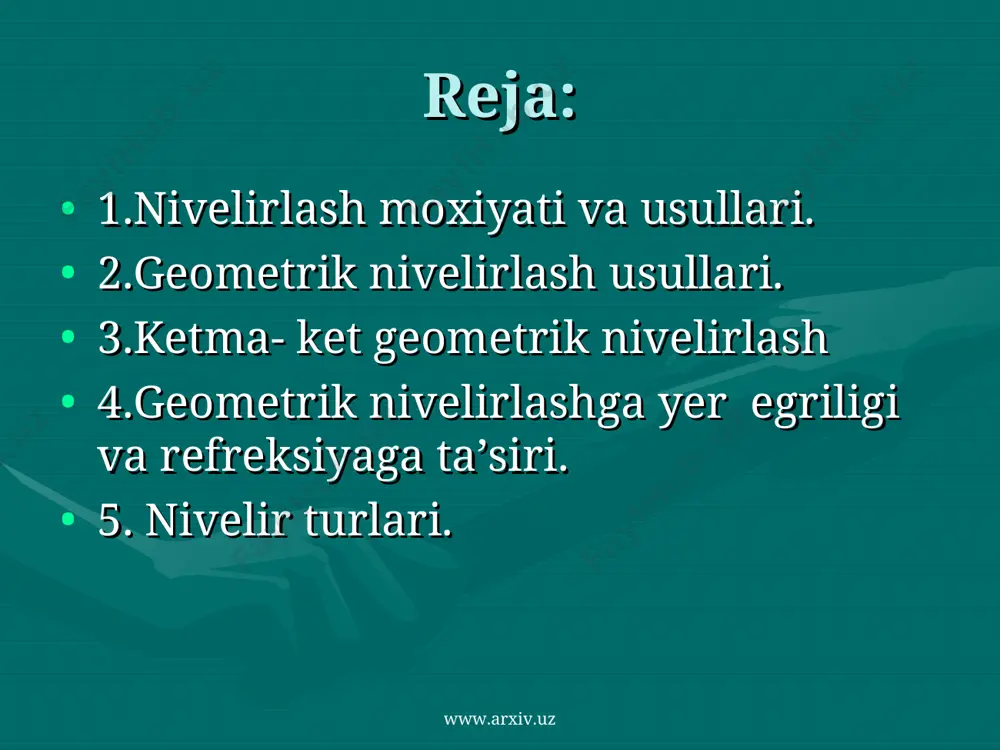 ng qiymatlari o’lchanib, boisim farqi orqali nisbiy balandlik hisoblanadi. ayronivelirlash radiobalandligini o’lchash va statoskop bilan uchib ketayotgan samalyotning yer sirtidan bbalandligini aniqlash orqali bajariladi. stereofotogrammetriknivelirlash joyning ikkita bir xil aerosuratini stereometr , stereokomparator va shularga o’xshash maxsus asboblarda relyef modelini hosil qilib unda o’lchashni bajarish bilan amalga oshiriladi. b nuqtasida esa reyka o’rnatiladi. nivelir ishchi holatga keltiriladi, reyka yoki ruletka bilan asbob balandligi i o’lchanadi, truba reykaga qaratilib undan b sanoq olinadi. shakldan quyidagini yozish mumkin: i=h+a (8.3) h=i-a (8.4) ya’ni nisbiy balandlik asbob balandligidan reykadan olingan sanoqning ayirmasiga tengdir. www.arxiv.uz www.arxiv.uz ketma –ket geomitrik nivelirlash agar nivelirlahadigan ikki nuqta orasidagi masofa katta bo’lsa nivelirlash uchun u bir necha bo’laklarga bo’linib nivelirlab chiqilsa, unga ketma ket nivelirlash deyiladi. ketma ket geometrik nivelirlashda nivelirlahadigan ac chizig’ (8.3-shakl)bo’laklarga bo’linadi va har bir bo’lak loyihada stansiyadan nivelirlanadi. nivelirni birinchi stansiyasi k1da o’rnatib bir nuqtaning a nuqtasiga nisbatatn nisbiy balandligi o’lchanadi. h1=a1-b1 (8.8) keyin …