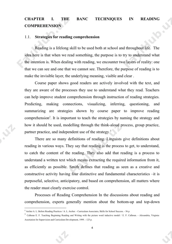 prehension, experts generally mention about the bottom-up and top-down process. both of them are the processes of reading comprehension and according to the recent research, there is one more kind of processing reading comprehension, called interactive reading. 1) bottom-up processing in bottom-up processing, readers must first recognize a multiplicity of linguistic signals (letters, morphemes, syllables, words, phrases, grammatical cues, discourse markers) and use their linguistic data processing mechanism to impose some sort of order on these signals. these data-driven operations obviously require knowledge of the language itself. from among all the perceived data, the reader selects the signals that make some sense to what is called ―meaning. 2) top-down processing top down, is a process in which the readers draw their own intelligence and experience to understand a text. 3) interactive reading interactive reading is a combination of top-down and bottom up processing. it is almost always a primary ingredient …