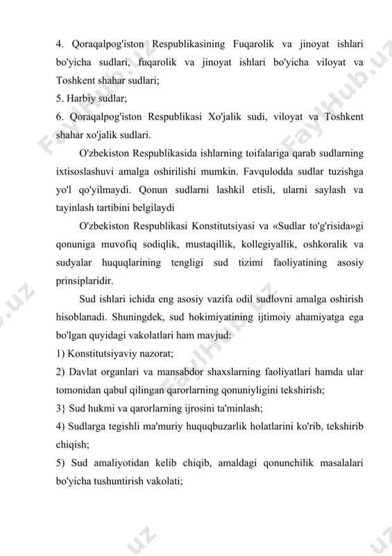 ir ishlarni ko'radi. konstitutsiyaviy sud siyosat va huquq sohasidagi mutaxassislar orasidan - konstitutsiyaviy sud raisi, rais o'rinbosarlari va sudyalardan, shu jumladan, qoraqalpog'iston respublikasi vakilidan iborat tarkibida saylanadi. konstitutsiyaviy sudning raisi va a'zolari deputat bo'la olmaydilar. konstitutsiyaviy sudning raisi va a'zolari, siyosiy partiyalari, harakatlarning a'zosi bo'lishlari va boshqa haq to'lanadigan lavozimni egallashlari mumkin emas. konstitutsiyaviy sud sudyalari daxlsizlik huquqidan foydalanadilar. konstitutsiyaviy sud sudyalari o'z faoliyatlarida mustaqildirlar va faqat o'zbekiston respublikasi konstitutsiyasiga bo'ysunadilar (o'zbekiston respublikasi konstitu​tsiyasining 108-moddasi). o'zbekiston respublikasining konstitutsiyaviy sudi: 1) qonunlar va o'zbekiston respublikasi oliy majlisi qabul qilgan boshqa hujjatlar o'zbekiston respublikasining prezidenti farmonlar, hukumat qarorlari, davlat hokimiyati mahalhy organlari qarorlari, o'zbekiston respublikasi davlatlararo shartnomalar va boshqa majburiyatlarning o'zbekiston konstitutsiyasiga mosligini aniqlaydi; 2) qoraqalpog'iston respublikasi konstitutsiyasi va qonunlarini o'zbekiston respublikasining konstitutsiyasi va qonunlariga muvofiqligi to'g'risida xulosa beradi; 3) o'zbekiston respublikasining konstitutsiyasi va qonunlarining normalariga sharh beradi; 4) o'zbekiston respublikasining konstitutsiyasi va qonunlari bilan berilgan vakolat doirasida boshqa ishlarni ham ko'rib …