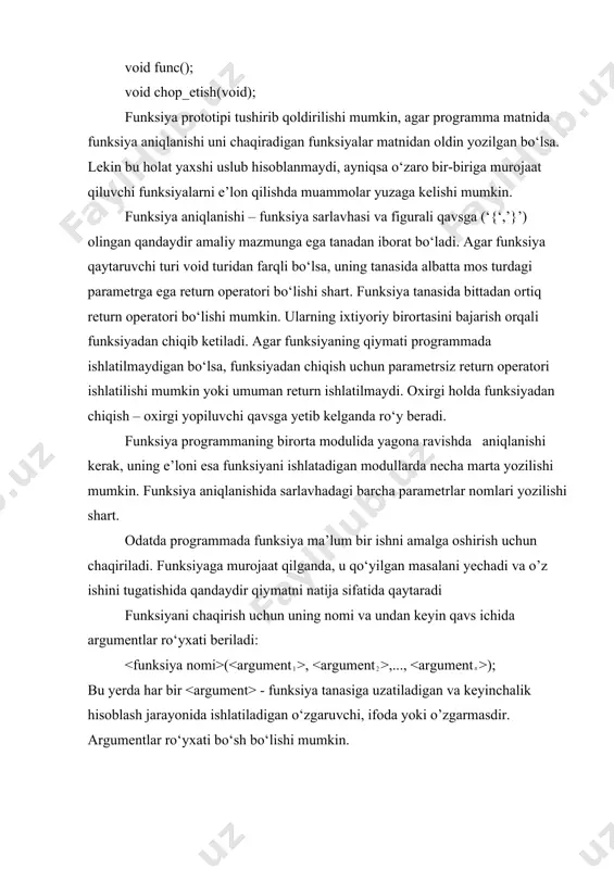 hi boshlanadi. quyidagi rasmda bosh funksiyadan boshqa funksiyalarni chaqirish va ulardan qaytish sxemasi ko‘rsatilgan. 1-rasm. bosh funksiyadan boshqa funksiyalarni chaqirish va qaytish programma main() funksiyasini bajarishdan boshlanadi va “f1(x,y);” – funksiya chaqirishgacha davom etadi va keyinchalik boshqaruv f1(x,y) funksiya tanasidagi amallarni bajarishga o‘tadi. bunda radius parametrining qiymati sifatida funksiya x o‘zgaruvchi qiymatini, symbol parametri sifatida y o‘zgaruvchisining qiymati ishlatiladi. funksiya tanasi return operatorigacha bajariladi. return operatori boshqaruvni main() funksiyasi tanasidagi f1() funksiyasi chaqirilgan operatordan keyingi operatorga o‘tishni ta’minlaydi, ya’ni funksiyadan qaytish ro‘y beradi. shundan keyin main() funksiyasi operatorlari bajarilishda davom etadi va “f2(a,b,c);” – funksiya chaqirishi orqali boshqaruv f2() funksiya tanasiga o‘tadi va hisoblash jarayonida mos ravishda yesno sifatida a o‘zgaruvchisining, cout sifatida o‘zgaruvchisining va key sifatida c o‘zgarchuvchisining qiymatlari ishlatiladi. funksiya tanasidagi return operatori yoki oxirgi operator bajargandan keyin avtomatik ravishda bosh funksiyaga qaytish amalga oshiriladi. aksariyat hollarda main() funksiyasining parametrlar ro‘yxati bo‘sh bo‘ladi. agar programmani ishga tushirishda, buyruq …