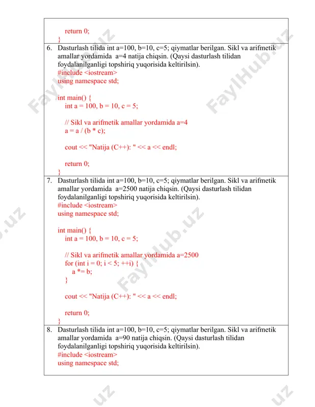 massivni e'lon qilish std::vector xj = {-14.5, 3.2, 6.8, -4.3, 11.2, 5.6, -7.8}; // juft va toq indeksli elementlarni v va s massivlarga joylash std::vector v, s; for (size_t i = 0; i #include int main() { // massivni e'lon qilish std::vector array = {-5.1, 18.75, 0.1, -17.1, 2.5, 6.35, 17.8}; // uchdan katta bo'lgan elementlarning sonini aniqlash int count = 0; for (const auto& element : array) { if (element > 3) { count++; } } // natijani chiqarish std::cout #include int main() { double x = 0.3; // musbat elementlarni chop etish for (int p = 1; p 0) { std::cout #include int main() { // massivni e'lon qilish std::vector y = {-5.1, 18, 75, 0.1, -17, 2.5, 6.35, 17.8}; // manfiy elementlarning ko'paytmasini hisoblash double product = 1.0; for (const auto& element : y) { if (element #include int main() { // vektorni e'lon qilish std::vector x …