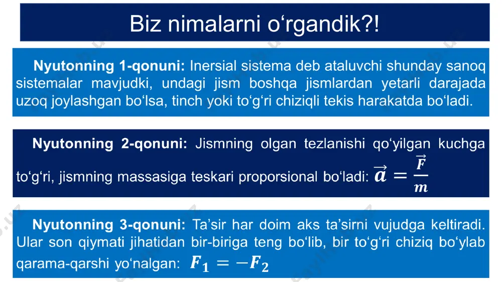 birinchi kosmik tezlik 8 km/s. berilgan: topish kerak: formula: javob: 4-masala 2,25 tezlanish bilan harakatlanayotgan aravachaga yukli ip osilgan. ip barqaror og‘ma vertikal vaziyatni egallagandan keyingi uning taranglik kuchini toping. yukning massasi 4 kg, deb oling. berilgan: t.k.: dan yechish: javob: mustaqil bajarish uchun topshiriqlar 1. avtomobilning yuki bilan birgalikdagi massasi 2 marta ortganda, tezlanishi ham 2 marta ortishi uchun tortish kuchini qanday o‘zgartirish kerak? 2. saturn sayyorasining radiusi 60000 km, undagi erkin tushish tezlanishi esa 11,44 ga teng. shu sayyora uchun birinchi kosmik tezlikni toping (km/s). 3. massasi 16 kg bo‘lgan jism 80 n kuch ta’sirida qanday tezlanish oladi ? image1.png image3.png image4.png image5.png image6.png image7.png media1.mp4 image2.png image9.png image10.png image11.png image12.png image13.png image14.png image15.png image16.png image17.png image18.png image19.png image20.png image21.png image22.png image23.png image8.png image25.png