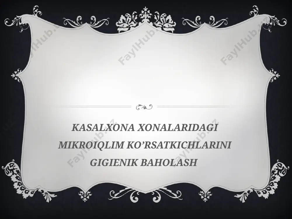 ini o’rganishda olgan bilimlariga asoslanadi. olingan bilimlar talabalar tomonidan keyinchalik klinik fanlarga doir kafedralarda foydalaniladi. nazariy qism mashg’ulot mazmuni fiziologik va sanitar ahamiyati nuqtai nazarda havoning asosiy fizikaviy ko’rsatkichlari quyidagilar hisoblanadi: harorati, namligi, havoning harakat tezligi va yo’nalishi, atmosfera bosimi, havoning eletrlanish holati. havoning harorati namligi va harakati tezligi berk xonalarda boshqarsa bo’ladigan omillar hisoblanadi; bu omillarning berk xonalardagi yig’indisi shu xonaning mikroiqlimini ta’riflaydi. kasalxona xonalari mikroiqlimining gigienik meyorlari sanq v m 0292-11 «davolash profilaktika muassasalarini loyixalash, qurish va undan foydalanishning sanitar meyorlari va qoidalari» keltirilgan. bu xujjatda kursatlishicha talab etiladigan harorat parametrlari xonalarning vazifalariga muoffiq uzgarishi mumkinligi, xavoning nisbiy namligini optimal qiymati 40-60 %, xarakati tezligi esa-0,12-0,03 m/sekundni tashkil etishi kerak. atmosfera bosimining gigienik ahamiyati quyidagilardan iborat: shamolning kuchi va yo’nalishi bosimning o’zgarishi bilan bevosita bog’liq. atmosfera xavosidagi turli yog’ingarchiliklar miqdori. havo haroratini o’zgarib turishi. gigienik tekshiruvlar, nisbiy namlikni tekshirib baholashda foydalaniladi. atmosfera bosimi normal deb - 1 atm.da …