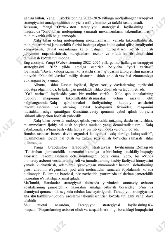 asida 13 ta kodeks, 12 ta qonun, ya’ni har bir ustuvor yo‘nalishda zarur qonun hujjatlari qabul qilinishi ko‘zda tutilgan. jumladan, tadbirkorlik kodeksining ishlab chiqilishi – yurtimizda tadbirkorlikni rivojlantirish va tadbirkorlar huquqlarini to‘liq himoya qilishning mustahkam qonuniy asosiga aylanadi. bo‘lajak nodavlat notijorat tashkilotlari to‘g‘risidagi kodeksda fuqarolik jamiyatining huquqiy mezonlari o‘z aksini topadi. axborot kodeksi – shu vaqtga qadar amal qilayotgan ommaviy axborot vositalari, jurnalistlar faoliyati, axborot va so‘z erkinligiga bag‘ishlangan o‘ndan ortiq qonun kodifikatsiya qilingan yagona va yaxlit qonun hujjati sifatida qabul qilinishining natijasi bo‘ladi. to‘rtinchi omil: yangi o‘zbekiston tarraqqiyot strategiyasining nafaqat nomlanishi, ayni chog‘da unda belgilangan ustuvor yo‘nalishlar va muhim vazifalar ham milliy yoki mintaqaviy miqyosdagina emas, balki global darajada ulkan ahamiyatga molik xalqaro hujjatlar bilan uyg‘un va hamohangdir. irlashgan millatlar tashkiloti 2015-2030 yillarda barqaror taraqqiyot maqsadlarini elon qilgan. bu xalqaro hujjat o‘zbek tilida “barqaror taraqqiyot maqsadlari” yoki “barqaror rivojlanish maqsadlari”, degan nomlar bilan sizu bizga yaxshi tanish. dastlab harakatlar …