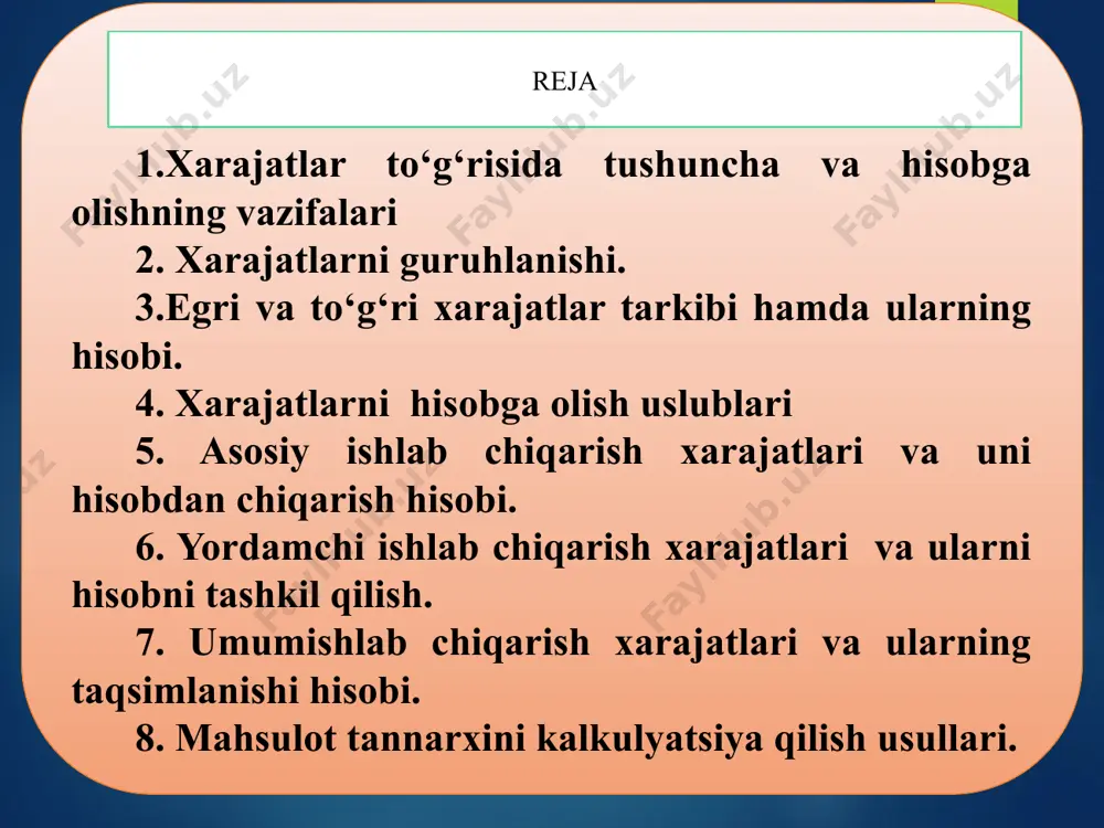 va doimiy tartibiga qarab kompleks va bir elementli tannarxga o‘tkazish usuliga qarab to‘g‘ri va egri ishlab chiqarish hajmiga qarab o‘zgaruvchan va o‘zgarmas yuzaga kelishiga qarab doimiy va bir vaqtli ishlab chiqarish jarayonida ishtirok etishiga qarab ishlab chiqarish va tijorat samaradorlikka qarab samarali va samarasiz mahsulot ishlab chiqarish xarajatlarining guruhlanishi 2. хаrajatlarni guruhlanishi. xarajtlarni tan olish mezonlari - xarajatlar bilan bog‘liq iqtisodiy manbaning korxonaga kelib tushish imkoniyati mavjud bo‘lishi; -sarflangan va kutilayotgan xarajatlar miqdorini aniq belgilash mumkin bo‘lishi lozim. -xarajatlarni maxsulot tannarxiga kiritilishi yoki davr xarajatlariga kiritilishi; -sotilgan maxsulot tannarxi miqdorini aniq belgilash mumkin bo‘lishi; mahsulot tannarxiga kiritiladigan xarajatlar; xarajatlar tarkibi o‘zbekiston respublikasida «mahsulot (ish va xizmat)larni ishlab chiqarish va sotish xarajatlarining tarkibi hamda moliyaviy natijalarni shakllantirish tartibi to‘g‘risidagi nizom»da belgilab qo‘yilgan. nizomga asosan xarajatlar ikki guruhga bo‘linib hisobga olinishi belgilangan: mahsulot tannarxiga kiritilmaydigan xarajatlar. ish haqi fondidan ijtimoiy ijtimoiy soliq; ishlab chiqarishdagi asosiy vasitalar va nomoddiy aktivlar amartizatsiyasi xarajatlari mahsulotlarni …