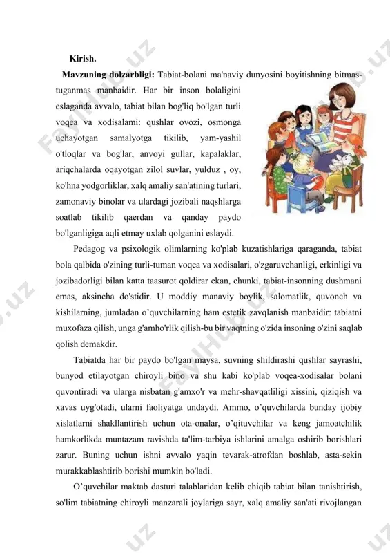 yo‘lida muhim bosqich sanaladi.oilada bola yoshligidan mehnatga o’rgatib borilar ekan, hamma narsani asrab-avaylashga odatlanib boradi. agar ota-onalar mexnat qilishga qiziqayotgan bolani ishdan chetlashtirmasalar, uning qiziquvchanligini qondirishishga harakat kilsalar, bolada mexnat qiluvchilarga nisbatan minnatdorchilik xissiyotini uygotadilar va unda atrofidagilar mexnatiga mustakillikni kulga kiritishi, zamonaviy iqtisodiy tafakkurga ega bo’lish. iqtisodiy bilishi uning iqtisodiy g’oyalari ijodiy ahamiyatga ega. ma’lumki, islom iqtisodiy g’oyalari musulmonlarning mukaddas kitobi "qur’oni karim"da, paygambarimiz xadislarida, mashxur "muxtasar"kitobida o’z ifodasini topgan. bolalarni maktab ta’limiga tayyorlash darajasini tubdan yaxshilash, ta’lim –tarbiya jarayoniga zamonaviy ta’lim dasturlari va texnologiyalarini tadbiq etish, bolalarni har tomonlama intelektual, axloqiy, estetik, jismoniy rivojlantirish uchun shart- sharoitlar yaratish masalalariga alohida e’tibor qaratildi. ayniqsa, kichik maktab yoshi bolalarida tevarak-atrof, avaylab asrash, tabbiy materiallar bilan ishlash jarayonida ekoligik muhitni toza saqlash, tabiatga mehr va muhabbatli bo’lishga o’rgatiladi. shuningdek, ta’lim muasassasida tabiiy materiallar bilan ishlash muhim ahamiyat kasb etmoqda. shu nuqtai nazardan biz kursni ishining amaliy va nazariy tahlillarga asoslangan holda, …