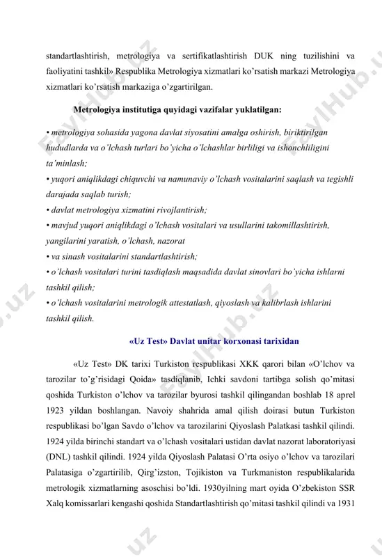 o’zbekiston respublikasi prezidentining 2017 yil 28 apreldagi «o’zbekiston standartlashtirish, metrologiya va sertifikatlashtirish duk faoliyatini takomillashtirish chora-tadbirlari to’g’risida» pq-2935-sonli qaroriga muvofiq mavjud «milliy etalonlar markazi» davlat muassasasi, «metrologiya xizmatlari ko’rsatish markazi» davlat unitar korxonasi va «standartlashtirish, metrologiya va sertifikatlashtirish ilmiy-tadqiqot instituti» davlat muassasasining metrologik bo’linmalari negizida «o’zbekiston milliy metrologiya instituti» davlat unitar korxonasini («o’zmmi» dk) tashkil etildi. 1.1 o’lchash turlari, usullari va elektr o’lchash vositalari. umuman o’lchash juda hilma – xil yo’sinda o’tkazilishi mumkin. bu albatta o’lchanadigan elektr va noelektrik kattaliklarning ko’pligiga, ularning vaqt bo’yicha har xil harakterda o’zgarishiga, o’lchash aniqligiga qo’yiladigan talablarga va o’lchash natijalarining har xil yo’l bilan olinishiga bog’liqdir. metodologik nuqtai nazardan o’lchash natijasi qanday olinishiga qarab, o’lchash quyidagi turlarga bo’linadi: 1.bevosita; 2.bilvosita; 3.majmuiy; 4.birgalikda; bevosita o’lchash – o’lchanayotgan kattalikning aniq qiymatini tajriba natijasidan bevosita topish. masalan, elektr tokini ampermetrda o’lchash. x=y1 , bu yerda: x-o’lchanadigan kattalik, y- tajriba natijasi. bilvosita o’lchash – bevosita o’lchangan kattaliklar bilan o’lchanayotgan …