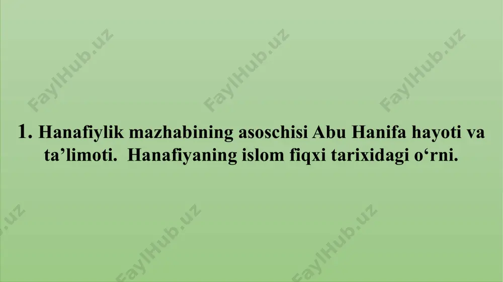qiyos, masolihul-mursala, istihson va urf. 4. tasavvuf tushunchasi va uning mohiyati. y u suf hamadoniy, abduxoliq g‘ijduvoniy, y a ssaviya, kubroviya, naqshbandiya tarqatlarining shakllanishi. tayanch so‘zlar: hanafiylik, sufiylik, sunniylik, oila, nikox, taloq, shar’iy, islom, qur’on, sunna, ijmo va qiyos, masolihul-mursala, istihson va urf, muhammad, ibrohim, ismoil, isxoq, yokub, muso, iso, tasavvuf, tariqat, qalandar, zohid, y a ssaviylik, kubraviylik, naqshbandiylik. 1. hanafiylik mazhabining asoschisi abu hanifa hayoti va ta’limoti. hanafiyaning islom fiqxi tarixidagi o‘rni. xanafiya (imomi a’zam) mazxabi. bunga abu xanifa taxallusi imomi a’zam-buyuk imom (699-767) asos solgan. u eng yirik huqukshunoslardan biri bo‘lib, shariat huquqini tartibga solgan, qiyosni tadbiq etgan, istixson tartib usulini (manbalar asosida chiqarish mumkin bo‘lgan xulosa yoki xukmlardan musulmonlar jamoasi uchun maqbulrog‘ini qabul qilib) ishlab chikkan, mahalliy xalq huquq-qoidalarini-odatni shariat bilan keltirib qo‘llanishni joriy etgan huquqshunoslikdan oqilona foydalanish unsurlarini kiritgan. hanafiylik mazhabining asoschisi abu hanifa hayoti va ta’limoti. hanafiyaning islom fiqxi tarixidagi o‘rni. x anafiya mazhabi sunniylik …