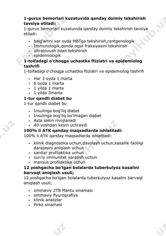 % li atk qanday maqsadlarda ishlatiladi: · klinik diagnostika uchun,davolash uchun,kasallik faolligi darajasini aniqlash uchun · sanitar profilaktika uchun · sun’iy immunitet yaratish uchun · maxsus profilaktika uchun 12 yoshgacha bo‘lgan bolalarda tuberkulyoz kasalini barvaqt aniqlash usuli; 12 yoshgacha bo‘lgan bolalarda tuberkulyoz kasalini barvaqt aniqlash usuli; · ommaviy 2tb mantu sinamasi · ommaviy flyurografiya · klinik analizlar · pirke sinamasi 2-toifadagi bemorga dots dasturi bo‘yicha intensiv davoni kursating 2-toifadagi bemorga dots dasturi bo‘yicha intensiv davoni kursating · 3(3)hrze 2(s)5h3r3e3 · 2(3)hrze(s)\4h3r3 · 1(3)hrze(s)4h3r3 · 5(3)hrze(5)\3r3h 2-toifadagi o‘choqga uchastka ftiziatri va epidemiolog tashrifi 2-toifadagi o‘choqga uchastka ftiziatri va epidemiolog tashrifi · 6 oyda 1 marta · 1 yilda 3marta · 1 yilda 1 marta · har 3 oyda 1 marta 2-tur qandli diabet bu 2-tur qandli diabet bu · insulinga bog‘liq bo‘lmagan diabet · insulinga bog‘liq diabet · asta sekin rivojlanadi · yoshlarda ko‘proq uchraydi 3-toifadagi bemorga dots dasturi bo‘yicha intensiv …