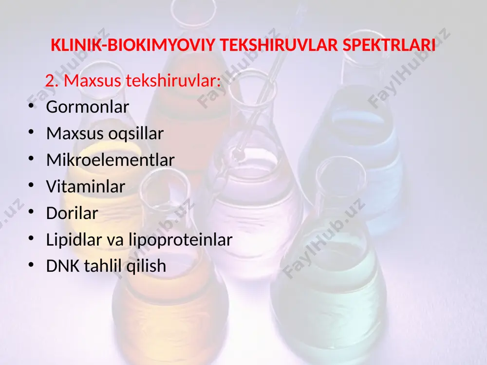 surunkali kasalliklar, yomon sifatli o`smalar, ayniqsa metastazlar ro`y bereganda. alfa globulinlarning kamayishi esa jigarda globulinlarning sintezi pasayganda, qalqonsimon bezning funksiyasi kamayishida kuzatiladi. oqsillar fibrinogen: normada2-6 g /l. glomerulonefrit, nefroz, yuqumli kasalliklar, homiladorlik davrida fibrinogenning yuqori miqdori bo'ladi. c-reaktiv oqsil - to'qimalarning shikastlanishiga javob beradigan, boshqalardan ko'ra tezroq qonning sezgir elementi. qon zardobida reaktiv oqsilning mavjudligi yallig'lanish jarayonining belgisi, travma, yot mikroorganizmlarning – bakteriyalar, parazitlar, zamburug`larning organizimga ta`siridan darak beradi. yallig'lanish jarayoni qanchalik o'tkir bo'lsa, kasallik faollashadi, qon zardobida c-reaktiv oqsil shunchalik yuqorilashadi. c-reaktiv oqsilining normal ko'rsatkichlari: 0-5 mg / l. oqsillar glikirlangan gemoglobin. ushbu ko'rsatkich diabetning kompensatsiyasini baholash, shuningdek, ushbu kasallikda davolash samaradorligini nazorat qilish uchun ishlatiladi. glikirlangan gemoglobinning yuqori miqdori 120 kundan ortiq davom etgan giperglekemiya bilan sodir bo'ladi. fermentlar asat (aspartataminotransferaza): asat qondagi normal ko`rsatgichlari : ayollar-31 b/l gacha erkaklar-37 b/l gacha alat (alaninaminotransferaza): alat qondagi normal ko`rsatgichlari : ayollar-34 b/ l gacha; erkaklar-45 b/ l gacha fermentlar …