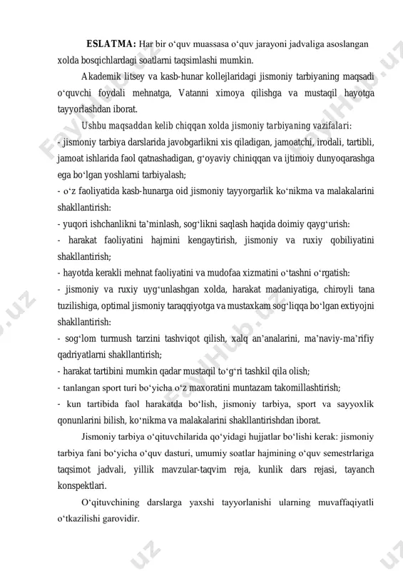 lik mavzular-taqvim reja, kunlik dars rejasi, tayanch konspektlari. oʻqituvchining darslarga yaxshi tayyorlanishi ularning muvaffaqiyatli oʻtkazilishi garovidir. oʻqituvchi darsga tayyorlanishni oʻquv yili boshlanishidan ancha oldin boshlaydi. u dastur materiallarini oʻrganib chiqadi, uni oʻtish izchilligini oʻylab chiqadi. oʻqituvchi dastur materialini oʻquv muassasasining sharoiti va ob-havo sharoitiga muvofiq ravishda rejalashtirishga aloxida e’tibor beradi. oʻqituvchi darsga tayyorlanish jarayonida uslubiy adabiyotlar, boshqa pedagoglarning tajribasi bilan tanishadi va barcha yaxshi narsalardan oʻz ishida foydalanadi. oʻqituvchi navbatdagi darsga tayyorlanishda oldingi darslarning yakunlarini hisobga olishi, qaysi materialni takrorlash, qaysi materialni oʻrganishni belgilashi kerak. darsga tayyorlanishda reja tuziladi va darsning aniq vazifalari belgilanadi. vazifalar aniq va tushunarli boʻlishi shart. agar bir turdagi mashqlar bir necha darsda oʻtilsa, “takrorlash” ifodasi qoʻllanishi mumkin. lekin, nima uchun va nima maqsadda takrorlanishi albatta koʻrsatiladi. darsning aniq vazifalari belgilangach, avval asosiy qism, soʻng esa kirish va yakunlovchi qism uchun material tanlanadi. materialni tanlashda takrorlash soni, mashqlarni bajarishga ketadigan vaqt mikdori belgilanadi. u yuklama uchun …