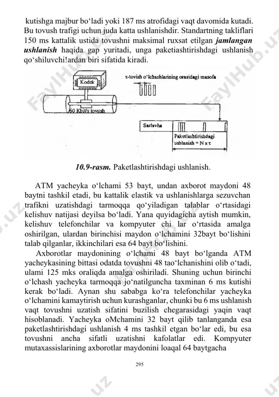 lar, chunki bu 6 ms ushlanish vaqt tovushni uzatish sifatini buzilish chegarasidagi yaqin vaqt hisoblanadi. yacheyka omchamini 32 bayt qilib tanlanganda esa paketlashtirishdagi ushlanish 4 ms tashkil etgan bo‘lar edi, bu esa tovushni ancha sifatli uzatishni kafolatlar edi. kompyuter mutaxassislarining axborotlar maydonini loaqal 64 baytgacha 295 oshirishga urinishlari tushinarli - bunda axborotlami uzatishning foydali tezligi oshar edi. 48 baytli maydon ishlatilganda xizmatchi axborotlaming ortiqchaligi 10% tashkil etadi, 32 bitli axborotlar maydoni ishlatilganda esa u darrov 16 % gacha oshadi. atm ning virtual kanallari. atm tarmoqlarida virtual kanallaming ikki turi quwatlanadi: doimiy virtual kanal (permanent virtual circuits, pvc - постоянный виртуалный канал); kommutatsiyalanuvchi virtual kanal (switched virtual circuits, svc - коммутируемый виртуалный канал), avtomatik amalni ishlatish orqali oxirgi tugunning tashabbusi bilan uni yaratilishi dinamik ravishda amalga oshiriladi. pvc kanallari xuddi shu turdagi frame relay tarmoqlaridagi bilan bir xil, atm texnologiyasidagi dinamik o‘matiladigan svc kanallarim quwatlash uchun esa maxsus signalizatsiya protokoli qo‘shildi …
