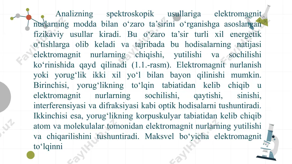 ‘lqinning sxematik tasviri. e – elektr maydoni. h – magnit maydoni, x – to‘lqin tarqalishining yo‘nalishi luminestsensiya – moddaning tashqi ta’sir (odatda yorugʻlik yoki uv nuri) natijasida energiya yutib, keyin uni nurlanish orqali chiqarishi hodisasi. bu hodisa ikki turga bo‘linadi: 4.1. fluorestsensiya modda yorugʻlik yutib, qisqa vaqt ichida (nanosekundalar ichida) nurlanadi. fluorestsensiya sezuvchanligi yuqori bo‘lgan metod bo‘lib, juda kichik konsentratsiyadagi moddalarni aniqlashda qo‘llaniladi. 4.2. fosforesensiya fosforesensiyada modda uzoq vaqt davomida (millisekund yoki undan ko‘proq) nurlanadi. bu hodisa elektronlarning past energetik holatga sekin qaytishi bilan bogʻliq. 5. polarimetriya polarimetriya – optik faol moddalarning polarizatsiyalangan yorugʻlik tekisligini burish xossasiga asoslangan analiz usuli. optik faol moddalar (masalan, shakarlar, aminokislotalar, alkaloidlar) polarizatsiyalangan nur yo‘nalishini ma’lum burchakka buradi. bu usul yordamida optik izomerlarni ajratish, ularning miqdorini aniqlash va chirallik xususiyatlarini o‘rganish mumkin. 3. .nur yutilishining asosiy qonunlari. buger-lambert-ber qonuni buger-lambert-ber qonuni yutilgan yorugʻlik miqdori moddaning konsentratsiyasi va nur o‘tadigan qatlam uzunligiga bogʻliq ekanligini ifodalaydi: a=ε⋅c⋅l …