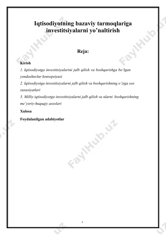 aniq mohiyatini o’rganib chiqishni talab qiladi. iqtisodiy log’atda “investitsiyalar – kapitalni uzoq muddatli qoyilmalar tariqasida sanoatga, qishloq xo’jaligiga va boshqa tarmoqlarga sarf qilinadigan xarajatlar yig’indisini aks ettiradi”, -deb tariflangan. ishlab chiqarish nazariyasi va, umuman, maqroiqtisodiyotda investitsiyalar yangi kapitalni (ishlab chiqarish vositalarini hamda inson kapitalini qo’shib hisoblaganda) yaratish jarayonidir. moliya nazariyasida esa investitsiya deganda real yoki moliyaviy aktivlarni olish tushiniladi, ya’ni bugungi sarf-xarajatlarning maqsadi kelajakda daromad olishdir. demak, bizningcha, “investitsiyalar – bo’sh turgan kapitalni iqtisodiy-ijtimoiy samara olish maqsadida harakatga keltirishdir” bizga ma’lumki, iqtisodiy o’sish investitsiya resurslarisiz bo’lishi mumkin emas, bu resurslar o’z mohiyati bilan ishlab chiqarishni rivojlantirishga qaratilgan mablag’dir. pul mablag’lari shaklidagi investitsiyalar nominal investitsiyalardir. bu investitsiyalar moddiylashib, amalda ishlab chiqarishga jalb etilgandan so’ng real investitsiyalarga aylanadi va iqtisodiy o’sishni ta’minlaydi. o’zbekiston respublikasining “investitsiya faoliyati tog’risida”gi qonunida investitsiyalar tayinlangan ob’yekti bo’yicha tabaqalashtirilgan. shunga muvofiq investitsiyalar quyidagi turlarga ajratilgan. (1-rasm) 1-rasm. investitsiyalarning tasniflanishi boshqacha aytganda, investitsiyalar - turli xil mulkchilikning shakllaridagi moliyaviy, …