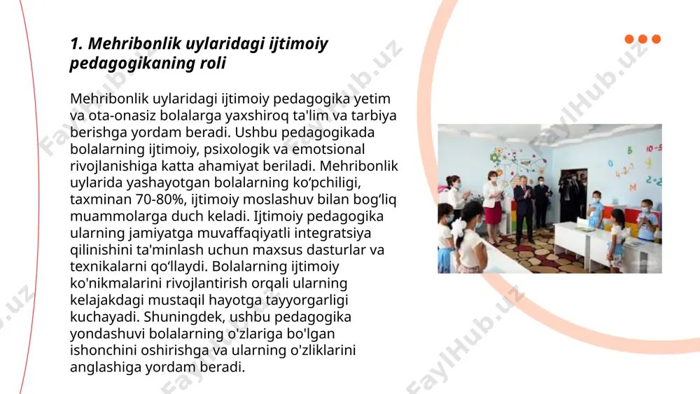bolalarga maktab dasturlariga muvofiq ta'lim berishni maqsad qilgan. hukumat tomonidan 2021 yilda mehribonlik uylarida ta'lim sifatini oshirish uchun 10 milliard so'm ajratildi. shu orqali, bolalarning ta’lim va ijtimoiy ko'nikmalarini rivojlantirishga qaratilgan loyihalar amalga oshirilmoqda. mehribonlik uylarida ta'lim beruvchi o'qituvchilar soni 3 mingdan oshadi va ular maxsus tayyorgarlikdan o'tadilar. ... t.me/slaydai_bot bolalarga psixologik yordam ko'rsatish jarayoni asosan ularning rivojlanish bosqichlariga mos ravishda belgilangan strategiyalarni qo‘llash orqali amalga oshiriladi. dunyo bo'ylab taxminan 20% bola turli xil psixologik muammolarga duch keladi. o'zbekistonda 2020-yilda olib borilgan tadqiqotlar natijasida ma’lum bo‘lishicha, taxminan 5-15% bolalar psixologik yordamga muhtoj. psixologik yordam jarayonida dastlab bolalarning hissiy holati va xulq-atvori tahlil qilinadi. yordam ko'rsatishda psixologlar va pedagoglar muhim rol o'ynaydi. bolalar orasida ijtimoiy ko'nikmalarni rivojlantirish uchun o'yin terapiyasi, rasm chizish va hikoya so'zlash kabi usullar qo‘llaniladi. bu usullar bolalarning o‘z-o‘ziga ishonchini mustahkamlash va stress bilan kurashishga yordam beradi. ... t.me/slaydai_bot 7. bolalar uchun kunlik rejalar bolalar uchun kunlik rejalar …