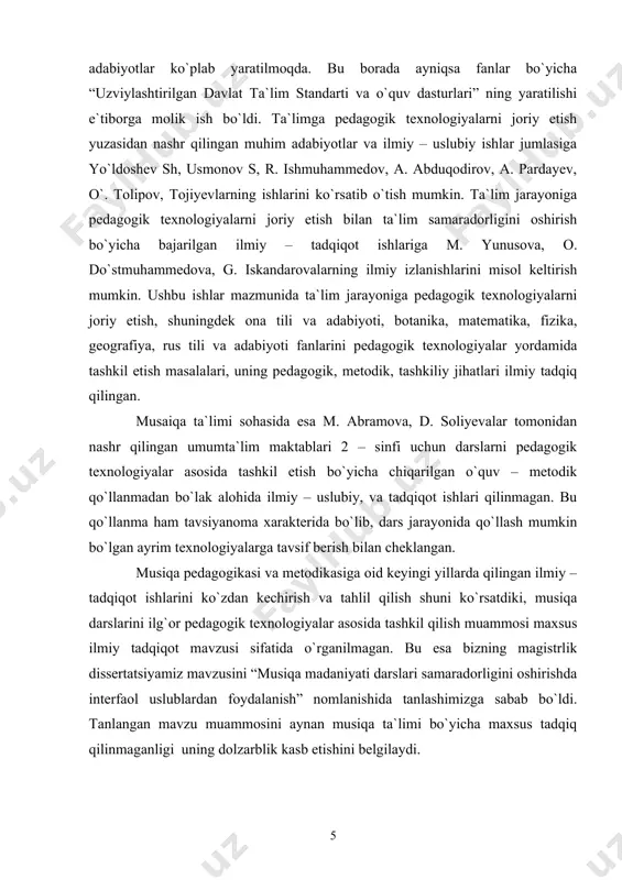 k tavsiyalarni ishlab chiqish. tadqiqot ob`ekti: umumta`lim maktablari “musiqa madaniyati” darslarini ilg`or pedagogik texnologiyalar orqali tashkil etish jarayoni. tadqiqot predmeti: umumta`limmaktablarida “musiqa madaniyati” darslarini interfaol metodlar orqali tashkil etish mazmuni, tamoillari, bosqichlari. tadqiqot metodlari: mavzuga doir ilmiy, uslubiy, musiqashunoslik, pedagogik va psixologik adabiyotlarni o`rganish, tahlil qilish, pedagogik kuzatish, ilg`or ish tajribalarni o`rganish, qiyoslash, umumlashtirish, savol – javob, anketa – so`rov, tajriba – sinov ishlari va matematik statistika. tadqiqot farazi: musiqa darslarini interfaol metodlardan foydalangan holda o`tish samarali kechadi. agarda: umumta`lim maktablarida musiqa darslarini ilg`or pedagogik texnologiyalar asosida o`tish bilan dars samaradorligiga erishishni kafolatlovchi zarur pedagogik shart – sharoitlar aniqlansa; ta`limga texnologik yondashishning ilmiy – nazariy va amaliy jihatlari asoslansa; musiqa darslarini ilg`or pedagogik texnologiyalar asosida tashkil etish mazmuni, shakl, usullari aniqlansa; musiqa darslariga ilg`or pedagogik texnologiyalarni tadbiq etish bo`yicha ilmiy asoslangan tavsiyalar ishlab chiqilsa. himoyaga olib chiqiladigan holatlar: 1. musiqa darslarini interfaol metodlardan foydalangan holda tashkil qilishning dolzarb pedagogik muammo …