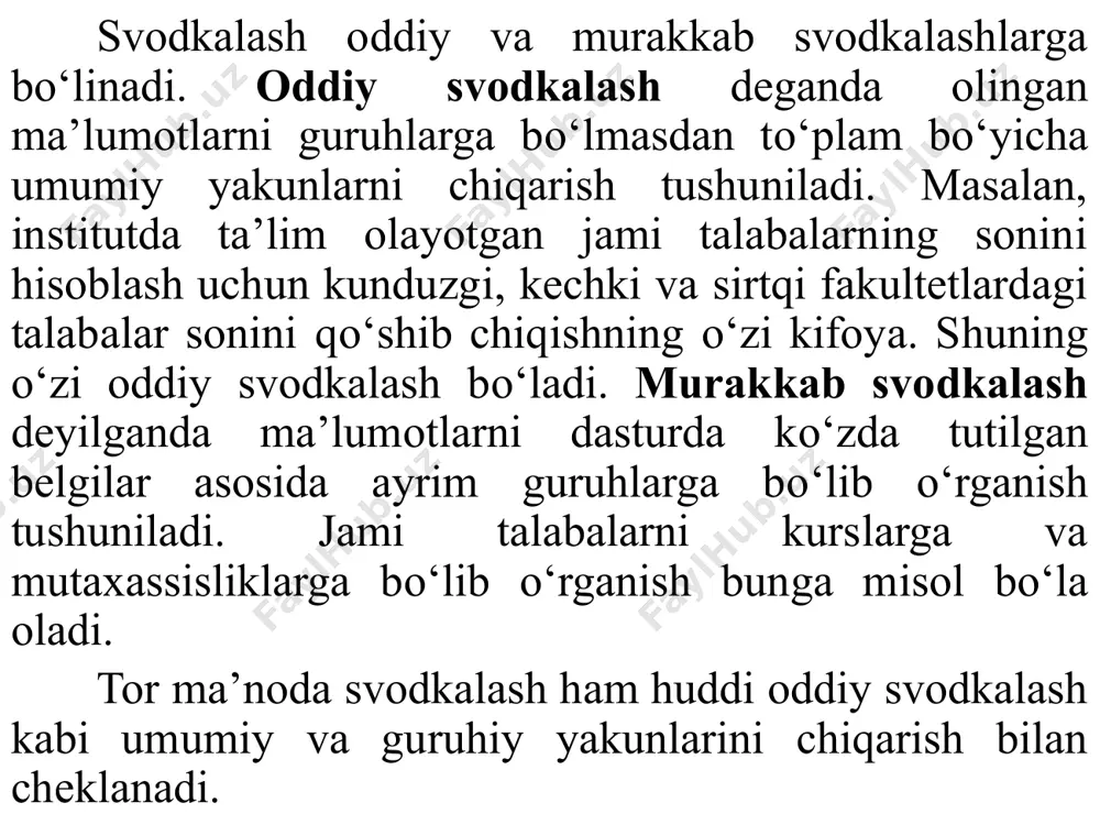 o`shgan holda) 73,1 658,6 4 142,0 18 875,3 59 820,9 sanoat 51,7 462,4 3 370,9 15 114,8 46 708,7 qurilish 21,4 196,2 771,1 3 760,5 13 112,2 xizmatlar 104,8 1 210,9 5 898,5 26 595,1 90 202,9 savdo, yashash va ovqatlanish bo`yicha xizmatlar 23,1 351,6 1 400,2 5 982,7 19 137,3 tashish va saqlash, axborot va aloqa 22,1 250,6 1 676,7 7 337,7 22 745,8 boshqa xizmat tarmoqlari 59,6 608,7 2 821,6 13 274,7 48 319,8 *) dastlabki ma`lumotlar markazlashmagan svodkalashda boshlang‘ich ma’lumotlar dastlab mahalliy (tuman, viloyat) statistika tashkilotlarida qayta ishlanadi, sо‘ngra davlat statistika qo’mitasiga yuboriladi. bunday svodkalashda statistik kuzatish materiallarini tekshirish va tegishli tuzatishlarni kiritish yengillashadi, hududiy kо‘rsatkichlarni hisoblash imkoniyati tug‘iladi. ammo markazlashmagan svodkalash ma’lumotlarning tarqoqlanishiga olib keladi. shuning uchun ham statistika amaliyotida har ikkala kо‘rinishdagi svodkalash amalga oshiriladi. iqtisodiy faoliyat turlari bo‘yicha yahm ni ishlab chiqarish qtisodiy faoliyat turlari bo‘yicha yahm ni ishlab chiqarish qayta ishlash texnikasiga qarab …