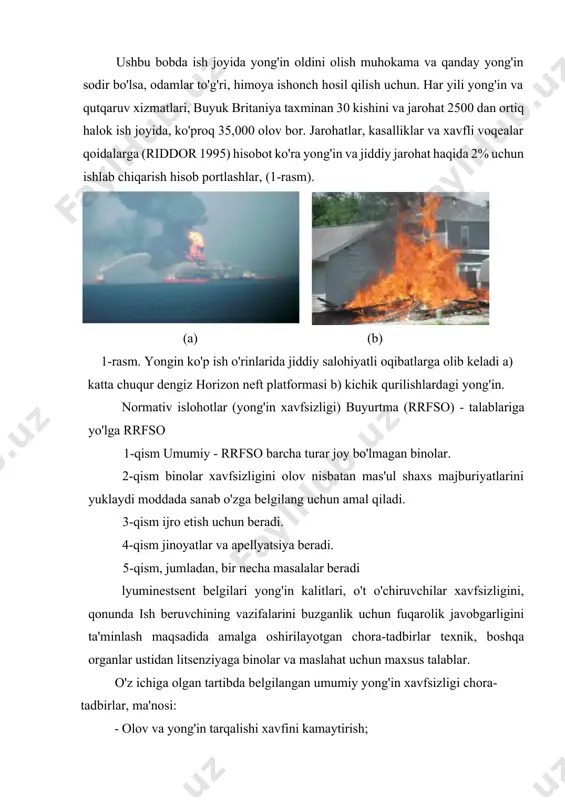 zorat ega har qanday boshqa shaxs; yoki · binolarni egasi. yong'inga qarshi va yong'inni farq etish. mas'ul shaxs yer tegishli taqdim etiladi ta'minlashi shart: · uskunalari (pzo) yong'indan; · yong'in yassi va signal tizimlari; · hajmi va biznes turiga bog'liq emas olov, qarshi kurashish chora-tadbirlari; · ta'lim va yong'inga qarshi chora-tadbirlar amalga oshirish uchun vakolatli shaxslar jihozlangan; - tashqi favqulodda xizmatlar bilan aloqa ayniqsa, o't o'chirish, qutqarish, birinchi yordam va shoshilinch tibbiy yordam bilan bog'liq. odatda, bir joyda quyidagi salohiyati, kontaktni manbalari: ochiq alanga -chekish materiallari, oshxona uskunalari, isitish uskunalari va jarayon uskunalari. outer metall silliqlash, payvandlash, urma vositasi, elektr tishli kaydirmasi uchqun.ichki boshq - (noto'g'ri va normal) elektr asbob-uskunalari, asbob-uskunalar, yoritish dan.hot yuzalar - yoritish, pishirish, isitish asboblari, ishlab chiqarish asbob-uskunalari, yomon shamollatiladigan uskunalar, noto'g'ri va / yoki yomon yog'langan uskunalar, issiq ko'rpa va kamarlar dan.statik elektr - sabab muhim yuqori voltli kabi, plastmassa tislanmoq yonuvchan suyuqliklar joy dan …