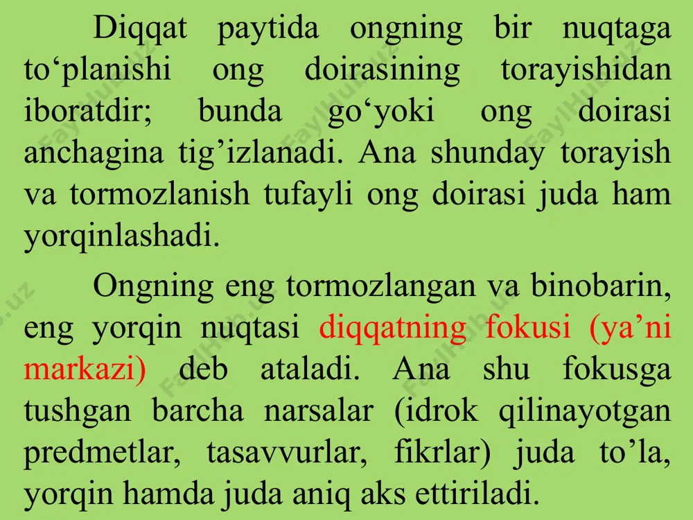 sh o‘chog‘i haqidagi i.p.pavlov ta’limoti bilan akademik a.a.uxtomskiyning olib borgan tekshirishlari bir-biriga to‘g‘ri keldi. bu tekshirishlar natijasida quyidagilar ma’lum bo‘ldi. agar nerv sistemasiga bir qancha qo‘zg‘ovchilar bir vaqtda ta’sir etsa, bosh miya po'stida shu onning o'zida bir necha qo'zg'alish o'choqlari paydo bo’ladi. shu bilan birga, har bir qo‘zg‘alish o‘chog‘i bosh miya po'stining hamma yeriga tarqalishga, irradiatsiyalanishga moyildir. shuning uchun ayrim qo'zg'alish o'choqlari o'rtasida to‘qnashish va «kurash» sodir bo’ladi. bu kurash natijasida qo‘zg‘alish o'choqlaridan biri hukmron (dominanta) bo'lib oladi. mana shu hukmron bo'lib olgan qo'zg'alish o'chog'ini akademik uxtomskiy «dominanta» deb ataydi. uxtomskiyning bergan ta’rifiga ko'ra, dominanta — bu ayni chog'da markazda sodir bo’ladigan reaksiyalar xarakterini bir qadar belgilab beruvchi hukmron qo'zg'alish o'chog'idir. diqqatning sirtqi alomatlari, odatda, organizmning alohida moslashuv harakatlarida tashqaridan ko'rinadi. masalan, muayyan bir narsani e’tibor bilan idrok qilganimizda, biz bu narsaga alohida tarzda razm solamiz; bunda biz narsaga anchagina sinchiklab qaraymiz, hidlab ko'ramiz va unga diqqat bilan tikilamiz. biron …