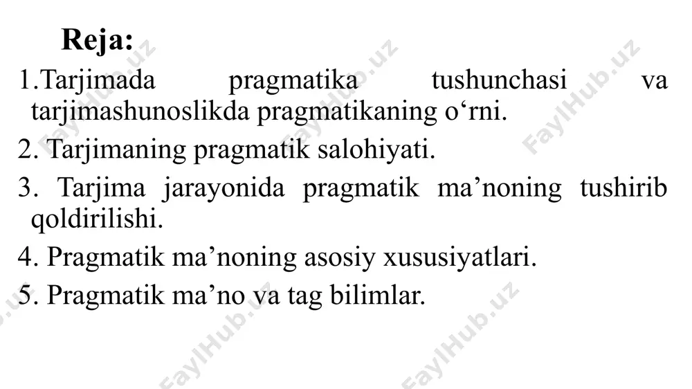 shunosligida pragmatikaning britaniya va amerika maktablari shakllandi. bu maktablar gap strukturasi va grammatikasini deyktik ifodalashga yo‘naltirilgan edi. pragmatik ma’noning ta’siri bayon mazmuni va shakli uyg‘unligida namoyon bo‘ladi. tarjima jarayonida pragmatik ma’noning ma’lum qismi tushib qolishi mumkin. noytbertning fikricha, pragmatik ma’noning tarjimaga ko‘chishi quyidagicha sodir bo‘ladi: 1) tarjimaga ko‘chishning yuqori darajasi (ilmiy-texnikaviy adabiyot va h.k.); 2) tarjimaga cheklovlar bilan ko‘chish (boshqa til vakillari uchun informatsion-analitik materiallar tayyorlashda); 3) asliyat pragmatikasining deyarli tarjimaga ko‘chmaslik holati (matn muayyan til vakillarigagina qaratilgan bo‘lsa); katrin raysning ta’biricha, pragmatik ma’noni alohida yetkazib berish imkoni yo‘q. tarjima buyurtmachining manfaatlariga mos kelishi kerak. ko‘rinadiki, pragmatika – bu til jamoasining til birliklariga bo‘lgan sub’ektiv munosabati. ularning bu munosabatdagi komponentlari xususiyatlari tilning paragmatik xususiyati tushunchasini keltirib chiqaradi. ta’kidlash joizki, tilshunoslikdagi pragmatika tushunchasi faqatgina til birikmalarining pragmatikasi tushunchasini o‘z ichiga olmaydi. bu tushuncha ancha keng bo‘lib, u yoki bu tilning kommunikativ jarayon ishtirokchilari va voqea syujeti xilma-xilligi hamda ishtirokchilarning malakasiga ham …