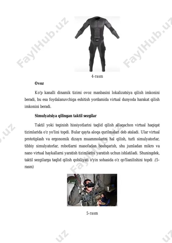 ositalari kiradi. 4.virtual borliqning qo’llanilish sohalari bugungi kunda «virtual borliq» tushunchasining kompyuterli modellashtirishga nisbatan qo‘llanilishi eng ommalashgan ko‘rinishga ega. bu sharoitda inson virtual amaliyotni yuzaga chiqarishda sun’iy uch o‘lchamli yoki sensor muhiti bilan o‘zaro ta’sirlashadi. uchun u muloqot uskunalari sifatida virtual shlem, maxsus qo‘lqop yoki yaxlit kiyiladigan kostyumdan foydalanadi. mazkur jihozlar yordamida inson mashina tomonidan generatsiyalanuvchi muhitga tushib, unda turli yo‘nalishlarda harakatlanish, obyektlarni boshqarish kabi muayyan harakatlarni bajaradi hamda virtual voqealar ta’sirida har xil hissiyotlarni boshidan o‘tkazadi. virtual borliq inson faoliyatining tibbiyot, biotexnologiya, loyihalash ishlari, marketing, san’atshunoslik, ergonomika, ko‘ngilochar industriya singari ko‘plab sohalariga bevosita aloqadordir. virtual borliq yaratish texnologiyasidan real va virtual jarayonlarni modellashtirishga katta ehtiyoj mavjud bo‘lgan kompyuter o‘yinlari, kosmik trenajyorlar, ko‘rgazma-savdo namoyishlarida samarali foydalanilmoqda. yuqorida sanab o‘tilgan misollar «virtual ta’lim» tushunchasiga oydinlik kiritish hamda uning virtuallik sifatlarini belgilash imkonini beradi. virtual jarayonlarning bosh sababchisi — real mavjud obyektlarning o‘zaro hamjihatlikdagi harakati hisoblanadi. o‘qituvchi bilan o‘quvchining ta’lim jarayonidagi o‘zaro …