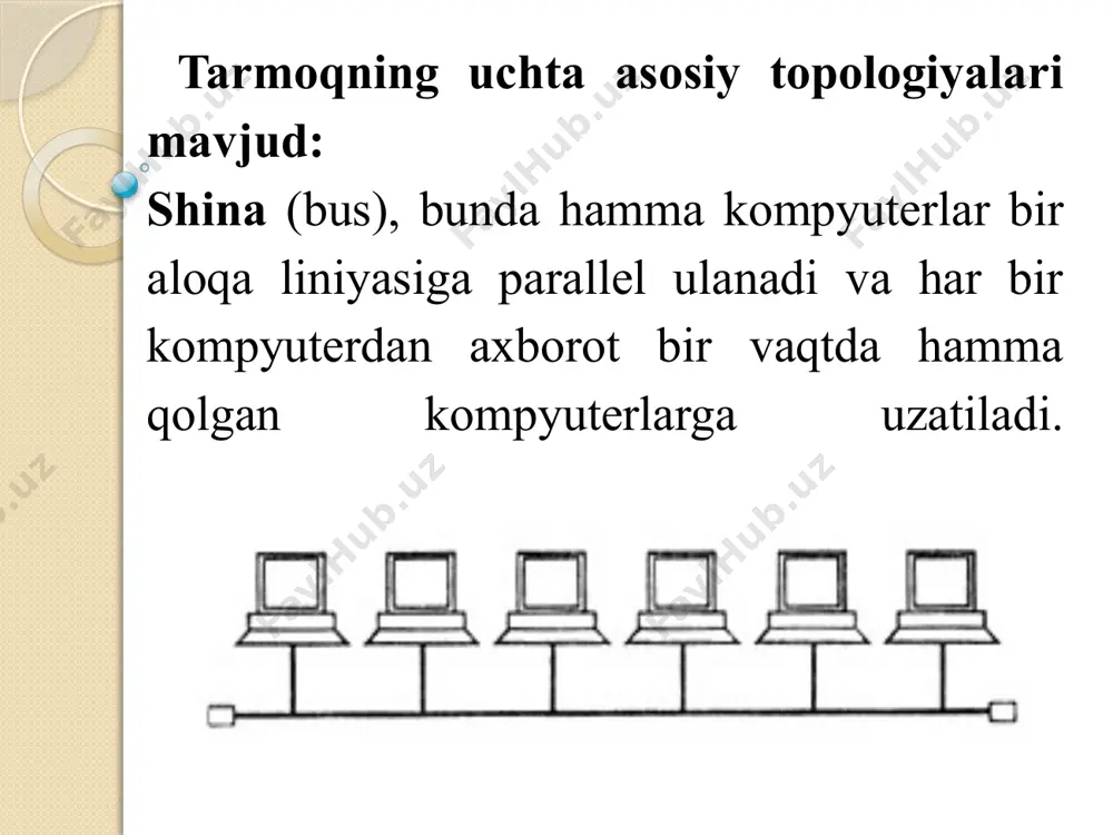 yulduz holatiga o‘xshab, faqat bitta (peredatchik) uzatuvchi va bitta (priyomnik) qabul qiluvchi ishlaydi. bu tashqi terminallarni qo‘llashdan ozod qiladi. halqani muhim xususiyati shundaki, har bir kompyuter unga keladigan signalni tiklaydi, yani repiter rolini o‘ynaydi, shuning uchun halqaning hamma joyida signalni so‘nishi hech qanday ahamiyati yo‘q, muhimi faqat halqaning qo‘shni kompyuterlar orasidagi so‘nishi.bu holatda аniq ajratilgan markaz yo‘q, hamma kompyuterlar bir xil bo‘lishi mumkin. “halqa” topologiyasi axborotni qarama-qarshi yo‘nalishlarida uzatilishini ikkita halqali aloqa liniyalari asosida bajariladi.masalani bunday hal etilishi – axborotni uzatish tezligini (ideal holatda ikki marotaba) оshirilishi.kabelni bittasi buzilganda tarmoq boshqa kabel bilan ishlashi mumkin (to‘g‘ri,cheklangan tezlik kamayadi). yuqorida ko‘rilgan uchta asosiy, bazaviy topologiyalardan tashqari, qo‘shimcha yana “daraxt” (tree) tarmoqli topologiya ishlatiladi, u bir nechta yulduzlar kombinatsiyasidan iborat. yulduzga o‘xshash daraxt aktiv, yoki haqiqiy, passiv bo‘lishi mumkin.aktiv daraxtga bir nechta aloqa liniyalari birlashtirilgan markazlarda markaziy kompyuterlar joylashgan, passilida esa konsentratorlar (xablar). pog‘onalar qo‘llanish taqdim etish seans transport tarmoq, kanal fizikaviy …