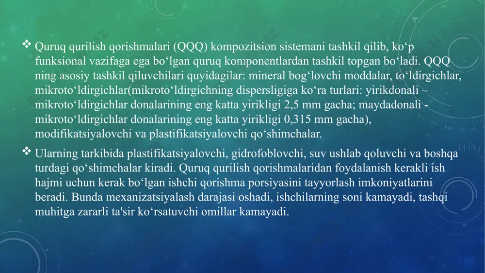ruq qorishmalar markazida suv qo‘shmasdan tayyorlanib, qurilish maydonlarida mahsus qorishma qorgichlar vositasida plastik qorishmaga aylantirilishi mumkin. qurilish qorishmalari istemolchiga mahsus uskunalangan avtostisternalarda, avtosamosvallarda tashiladi. quruq qorishmalar mahsus avtopristep qorishma qorgichlarda tashiladi va qurilish maydonlarida suv bilan aralashtirilib binolarga uzatiladi. qorishma yuqori qavatlarga mahsus ko‘tarmalar, nasoslar yoki pnevmotransport vositasida yetkazib beriladi. 1) sb-3 rusumli betonqoruvchi: 1-barabanni engashtiradigan uzatma; 2- materialni ortadigan va tushiradigan tuynuk; 3-qoruvchi baraban; 4-barabanni aylantiradigan uzatma; 5-stanina. 2) stanstionar qorishma qorgich. mzs-10 quruq aralashmalar ishlab chiqarish kichik-zavodining texnologik sxemasi: 1-greyferli yuklagich; 2-vibrogroxot (tebranuvchi sig‘im); 3-shnekli shimdirgich; 4-lentali konveyer; 5-“groxot” bilan birgalikda barabanli quritgich; 6,7,19-vertikal shneklar; 8-elevator; 9-tebranuvchi elak (vibrosito); 10-mayda qum bunkeri (0-1,4mm); 11yirik qum bunkeri (1,4-2,8mm); 12,14-vintli shimdirgichlar; 13-bog‘lovchilar (sement, ohak) saqlanadigan omborxona; 1,5-plastifikastiyalovchi qo‘shimchalar dozatori (ulushlagichi); 16muzlashga qarshi qo‘llaniladigan qo‘shimchalar ulushlagichi (dozator); 17-ulushlagich (dozator); 18-aralashtirgich; 20-qoplaydigan mashina; 21-lentali konveyer; 22-tayyor aralashma sig‘imi; 23-tayyor aralashma bunkeri. xulosa ishlash qulayligi – tayyor holatda sotiluvchi qorishmalar qurilish vaqtini qisqartiradi …