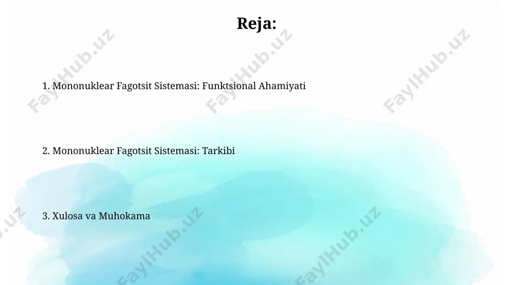 kasalliklarini erta diagnostika qilish mumkin. mononuklear fagotsit sistemasining disfunksiyasi bakterial infeksiyonlarning 30% gacha ko'payishiga, yallig'lanish kasalliklarining rivojlanishiga va immunitet javobining sustlashishiga olib kelishi mumkin. dendritik hujayralarning funksiyalari ularning sitoplazmasida mhc i va ii sinf molekulalari mavjud bo‘lib, antigen prezentatsiyasi jarayonida muhim rol o‘ynaydi, shu bilan birga, 10 ga yaqin qo‘shimcha stimulyator molekulalarni ham ifodalaydi. dendritik hujayralar nafaqat antigen prezentatsiyasi bilan, balki immunitetni modulyatsiya qilishda ham ishtirok etadi, treg hujayralarini faollashtirish yoki inhibe qilish orqali immun javobni tartibga soladi. patologik holatlardagi mononuklear fagotsit sistemasi mononuklear fagosit sistemasining patologik holatlardagi disfunksiyasi 20% gacha yallig'lanish kasalliklarining rivojlanishiga olib kelishi mumkin, bu esa immunitet javobining buzilishi bilan bog'liq. sepsis holatlarida, monotsitlar va makrofaglarning faolligi 3-5 baravar kamayishi kuzatiladi, bu esa infektsiyaning tarqalishiga va og'ir asoratlarning rivojlanishiga yordam beradi. e'tiboringiz uchun rahmat @taqdimot_robot image2.jpg image3.jpg image4.jpg image5.jpg image6.jpg image7.jpg image8.jpg image1.png