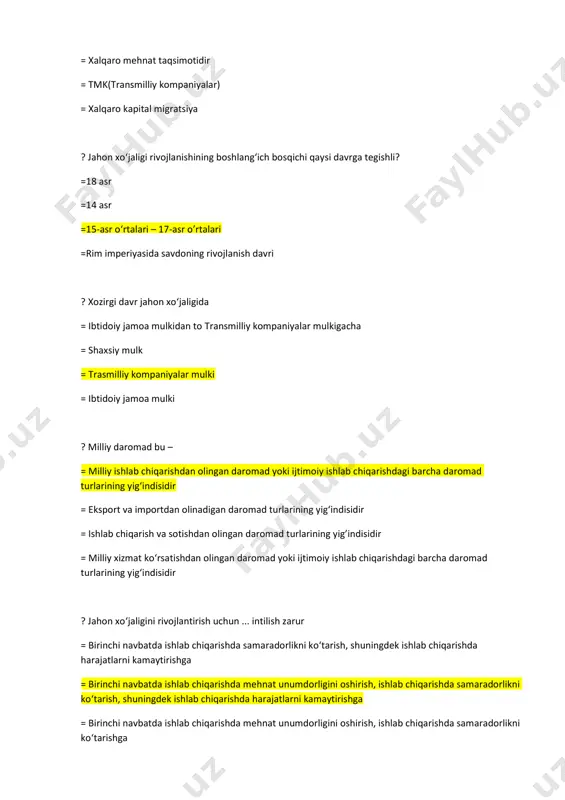 aromad bu – = milliy ishlab chiqarishdan olingan daromad yoki ijtimoiy ishlab chiqarishdagi barcha daromad turlarining yig‘indisidir = eksport va importdan olinadigan daromad turlarining yig‘indisidir = ishlab chiqarish va sotishdan olingan daromad turlarining yig’indisidir = milliy xizmat ko‘rsatishdan olingan daromad yoki ijtimoiy ishlab chiqarishdagi barcha daromad turlarining yig‘indisidir ? jahon xo‘jaligini rivojlantirish uchun ... intilish zarur = birinchi navbatda ishlab chiqarishda samaradorlikni ko‘tarish, shuningdek ishlab chiqarishda harajatlarni kamaytirishga = birinchi navbatda ishlab chiqarishda mehnat unumdorligini oshirish, ishlab chiqarishda samaradorlikni ko‘tarish, shuningdek ishlab chiqarishda harajatlarni kamaytirishga = birinchi navbatda ishlab chiqarishda mehnat unumdorligini oshirish, ishlab chiqarishda samaradorlikni ko‘tarishga ф highlight ф highlight ф highlight ф highlight = birinchi navbatda ishlab chiqarishda harajatlarni kamaytirishga ? xalqaro mehnat taqsimoti rivojlanishining asosiy yo‘nalishini biz... ko‘rishimiz mumkin = ximning rivojlanishida = xalqaro kapitalning rivojlanishida = xalqaro ixtisoslashuv va ishlab chiqarish kooperatsiyasining kengayishida = xalqaro savdoning kengayishida ? xalqaro mehnat taqsimotida ishtirok etish davlatlarga qo‘shimcha iqtisodiy …