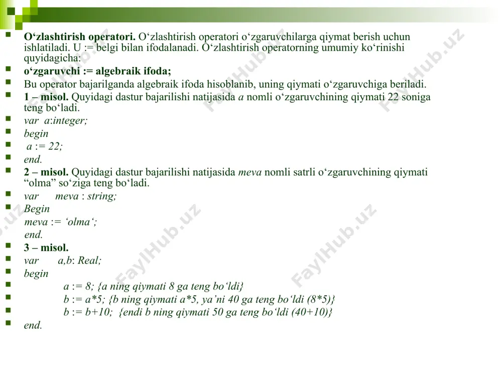 mmo ularning ko‘rinishida katta farq bor. 8-misoldagi ekranga chiqarilgan axborot albatta 7-misoldagiga nisbatan aniq va tushunarli ko‘rinishga ega. sonning kasr qismidagi (verguldan keyingi) raqamlar sonini aniq bilmagan xollarda ekranga noto‘g‘ri natija chiqarmaslik uchun chiqarish formatidan extiyotkorlik bilan foydalanish zarur. shuni unutmangki, ekrandagi natijani ko‘rish uchun alt+f5 klavishalar juftligi bosiladi. mavzuni mustahkamlash va yakunlash: o‘quvchilarga darslikdagi savollar orqali murojaat etiladi va mashqlar yechish asosida mavzu mustahkamlanadi. uyga vazifa: 1. darslikdagi 1-mashq. 2*. darslikdagi 2-mashq. e’tiboringiz uchun rahmat image1.png image2.png /docprops/thumbnail.jpeg