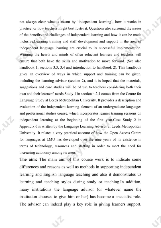 otivation to move forward. (see also handbook 1, sections 3.3, 3.4 and introduction to handbook 2). this handbook gives an overview of ways in which support and training can be given, including the learning advisor (section 2), and it is hoped that the materials, suggestions and case studies will be of use to teachers considering both their own and their learners' needs.study 1 in section 4.2.1 comes from the centre for language study at leeds metropolitan university. it provides a description and evaluation of the independent learning element of an undergraduate languages and professional studies course, which incorporates learner training sessions on independent learning at the beginning of the first year.case study 2 in appendix 6 is written by the language learning advisor at leeds metropolitan university. it relates a very practical account of how the open access centre for languages at lmu has developed over the nine years of …