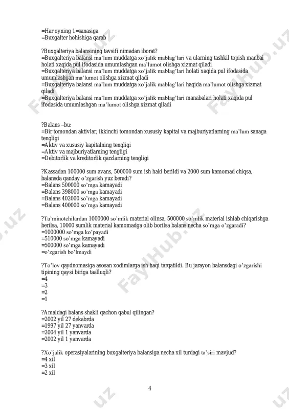 ri holati xaqida pul ifodasida umumlashgan ma’lumot olishga xizmat qiladi =buxgalteriya balansi ma’lum muddatga xo’jalik mablag’lari haqida ma’lumot olishga xizmat qiladi =buxgalteriya balansi ma’lum muddatga xo’jalik mablag’lari manabalari holati xaqida pul ifodasida umumlashgan ma’lumot olishga xizmat qiladi ?balans –bu: =bir tomondan aktivlar, ikkinchi tomondan xususiy kapital va majburiyatlarning ma’lum sanaga tengligi =aktiv va xususiy kapitalning tengligi =aktiv va majburiyatlarning tengligi =debitorlik va kreditorlik qarzlarning tengligi ?kassadan 100000 sum avans, 500000 sum ish haki berildi va 2000 sum kamomad chiqsa, balansda qanday o’zgarish yuz beradi? =balans 500000 so’mga kamayadi =balans 398000 so’mga kamayadi =balans 402000 so’mga kamayadi =balans 400000 so’mga kamayadi ?ta’minotchilardan 1000000 so’mlik material olinsa, 500000 so’mlik material ishlab chiqarishga berilsa, 10000 sumlik material kamomadga olib borilsa balans necha so’mga o’zgaradi? =1000000 so’mga ko’payadi =510000 so’mga kamayadi =500000 so’mga kamayadi =o’zgarish bo’lmaydi ?to’lov qaydnomasiga asosan xodimlarga ish haqi tarqatildi. bu jarayon balansdagi o’zgarishi tipining qaysi biriga taalluqli? =4 =3 =2 …