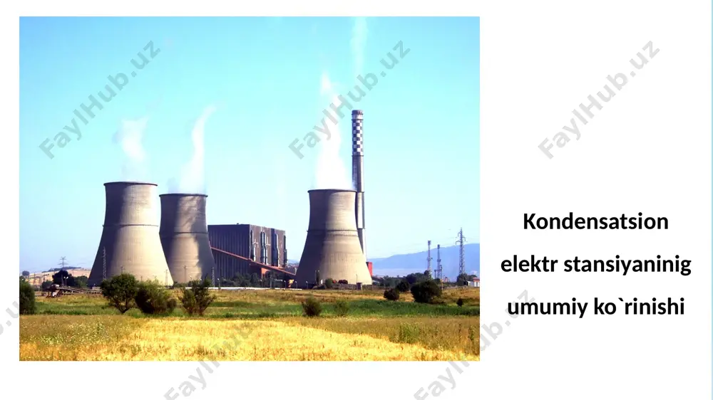 rkulyatsiyalash nasosi; 7-kondensator nasosi; 8-suv ta’minot nasosi; 9-qozonning yoqish uskunalari (gorelka): 10-ventilyator; 11-tutun so‘rish qurilmasi; 12-havoni qizdirish qurilmasi; 13-suv ekonomayzeri: 14-past bosim qizdirgichi; 15-deayrator: 16-yuqori kuchlanish qizdirgichi. 20 elektr ta’minoni kes dagi isroflarni sirkulyar harakatlanuvchi suv tarkibidagi yuqori issiqlik haroratiga ega bo‘lgan suvning ochiq suv omboriga chiqib ketishi tashkil etadi. ushbu jarayon kes lardagi foydali ish koeffitsiyentining 40 - 42% dan ortmasligiga sabab bo‘ladi. 21 elektr ta’minoni elektr stansiyasida ishlab chiqarilgan elektr energiyasi 110 - 750 kv kuchlanish bilan elektr uzatish tarmog‘iga uzatiladi. faqatgina bir qism elektr energiya shaxsiy ehtiyojlar transformatori yordamida elektrostansiyanig shasiy ehtiyojlariga sarflash uchun olib qolinadi. 22 elektr ta’minoni energiya blogiga generatorlar va kuchlanishni oshiruvchi transformatorlar ulanadi va tarqatish qurilmalari vositasida elektr iste’molchilarga uzatiladi. yuqori kuchlanishli tarmoqlardan uzatiluvchi elektr energiyani taqsimlashda ochiq tarqatish qurilmalari (otq) ishlatiladi. otq turlicha variantlarda qurilgan bo‘lib u quyidagi rasmdagidek ko‘rinishda bo‘lishi mumkin. 23 elektr ta’minoni zamonaviy kes lar aksariyat hollarda 200 – …