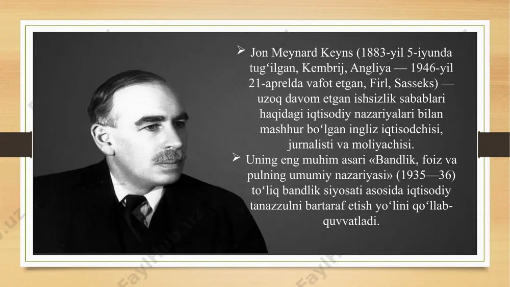 i, davlat amaldori, moliya vazirligining iqtisod bo‘yicha maslahatchisi lavozimlarida ishladi. buyuk turg'unlik va iqtisodiyot fanining rivojlanishi sanoati rivojlangan va rivojlanayotgan mamlakatlami larzaga solgan 1929-1933-yillardagi buyuk turg‘unlik davri iqtisodiyot fanining rivojlanishida katta ahamiyat kasb etadi. 1929-yildan 1933-yilgacha aqshda ishsizlik darajasi 3 foizdan 25 foizgacha oshdi. 1941-yilga qadar u 14,3 foizdan (1937-yil) pastga tushmadi. 1937-1938-yillarda yangi iqtisodiy pasayish kuzatildi va u ii jahon urushiga kelib to‘xtatildi. faqat 1942-yili ishsizlik darajasi 5 foizdan pastga tushdi. bunday holatni dunyo hali ko‘rgan emas. yevropada ham inqiroz juda katta salbiy oqibatlarga olib keldi. bank tizimi, fond bozorlari, ishlab chiqarish keskin pasayib ketdi. buyuk turg‘unlik nafaqat erkin raqobatga va davlatning passiv roliga asoslangan eski iqtisodiy tizimni halokatga olib keldi, balki yangi klassik makroiqtisodiy nazariyani ham inqirozga uchratdi. iqtisodiyotda vujudga kelgan bunday keskin vaziyat cheklangan resurslar sharoitida tanlov muammosini emas, balki ulaming nisbiy ortiqchaligini (ommaviy ishsizlik, foydalanilmayotgan ishlab chiqarish quvvatlari) muammosini keltirib chiqardi. bu ziddiyatli vaziyatdan chiqish uchun …