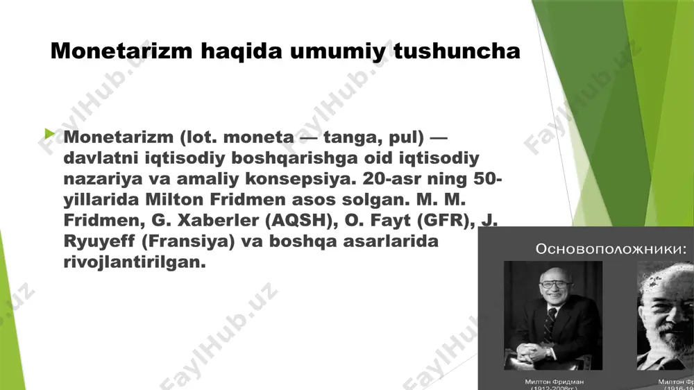 yidagi kamchiliklarga ega: pulning iqtisodiy tsiklga, iqtisodiy vaziyatga ta'sirining mohiyatiga bir tomonlama tizimsiz yondashish. pul juda muhim bo'lsa-da, iqtisodiy tizimning faqat bir elementidir. iqtisodiyot rivojiga mulk, soliqlar, foyda, korxonalar, davlat va boshqalar faol ta’sir ko‘rsatadi. sanoat siklining sabablarini yetarlicha asoslanmagan, yuzaki tahlil qilish (rasmiy statistik taqqoslash usuli, inflyatsiya, ularni tartibga solish usullaridan foydalanish). amerikalik iqtisodchi j.tobinning ta'kidlashicha, pul daromadlari bilan solishtirganda pulning o'sishining tsiklik avj olishi sabab, harakat, sabab-natija munosabatlarining yo'nalishini ko'rsatmaydi. monetarizm koʻp jihatdan xoʻjalik aylanmasi ishtirokchilari tomonidan naqd pul qoldiqlariga barqaror talab mavjudligi, bunday qoldiqlarga boʻlgan ehtiyoj va pul daromadlari miqdori oʻrtasidagi toʻgʻridan-toʻgʻri bogʻliqlik va boshqalar toʻgʻrisidagi qoidalar postulatsiyasiga asoslanadi; pulning iqtisodiy tuzilmadagi belgilovchi rolini himoya qilib, monetarizm ayirboshlash kontseptsiyasining nazariy va uslubiy asoslaridan kelib chiqadi. pul bo'yicha tavsiyalar eng oddiy (ko'pchilik orasida zamonaviy usullar iqtisodiyotni tartibga solish) va shu bilan birga g'ayriinsoniy, chunki ular birinchi navbatda davlatning ijtimoiy xarajatlarini kamaytirishga qaratilgan. zamonaviy monetarizm nazariyasi zamonaviy monetarizm yoki …