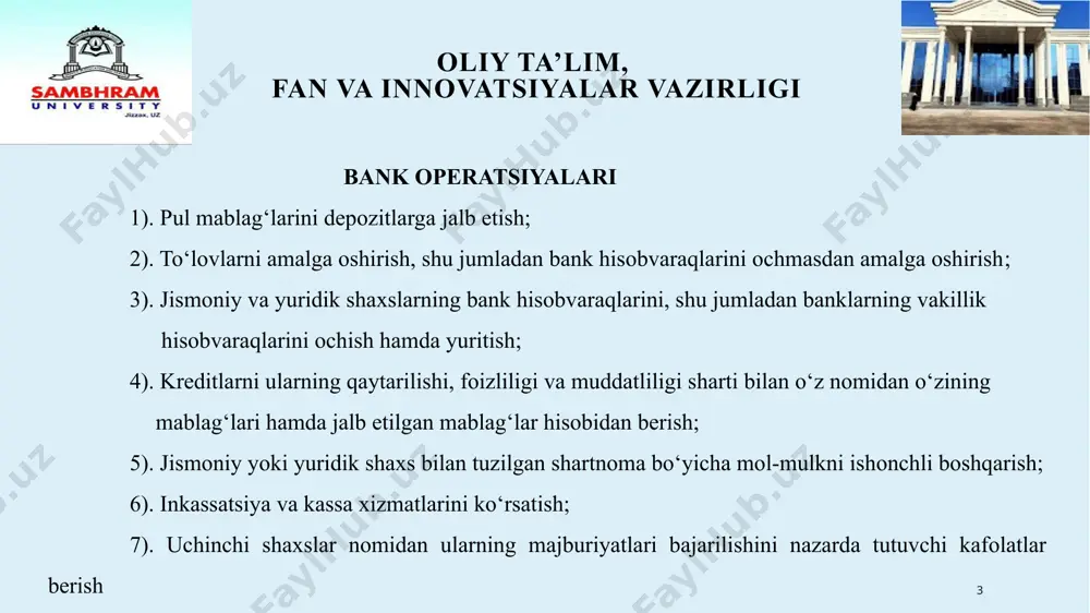 ravishda tanlaydilar hamda bir yoki bir necha banklarda milliy va chet el valyutasidagi talab qilib olinguncha depozit hisobvaraqlari, shuningdek, jamgʼarma, muddatli va boshqa depozit hisobvaraqlarini ochish huquqiga ega. byudjetdan mablagʼ oluvchi muassasalarga davlat byudjeti hisobidan ajratiladigan mablagʼlarni kirim qilish va bu mablagʼlardan foydalanish uchun byudjet hisobvaraqlari, shuningdek ushbu muassasalarning byudjetdan tashqari mablagʼlari hisobini olib borish uchun talab qilib olinguncha, jamgʼarma va muddatli depozit hisobvaraqlari ochiladi. 10 oliy ta’lim, fan va innovatsiyalar vazirligi mijozlar tomonidan bank hisobvaraqlari ochilayotganda, bank hisobvaragʼi shartnomasi (jismoniy shaxslarning omonati boʼyicha bank omonati shartnomasi) tuziladi. bank hisobvaragʼi shartnomasi (jismoniy shaxslarning omonati boʼyicha bank omonati shartnomasi) boʼyicha yuzaga keladigan munosabatlar oʼzbekiston respublikasining fuqarolik kodeksi va boshqa qonun hujjatlari bilan tartibga solinadi. bank hisobvaragʼi shartnomasida bank mijozning hisobvaragʼiga kelib tushayotgan mablagʼlarni hisobvaraqqa kirim qilish va uni kiritib qoʼyish, mijozning hisobvaraqdagi mablagʼlarni tasarruf etish borasidagi topshiriqlarini ijro etish shartlari, bu boradagi mijoz hamda bank huquqlari va majburiyatlari, bank xizmatlari uchun …