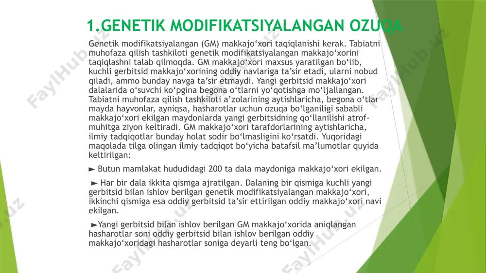 ligini ko‘rish uchun с) gm makkajo‘xorini imkon qadar ko‘proq dala maydonlarida o‘stirish uchun d) makkajo‘xori yetishtirishning har xil sharoitlarini tekshirish uchun baholash mezoni: mazkur topshiriqni bajarish uchun o‘quvchilar biror-bir muammoni ilmiy tadqiq etish uchun tajriba o‘tkazishni bilishlari kerak. tadqiq etilayotgan obyektga turli omillarning ta’sirini o‘rganish uchun tajriba keng miqyosda o‘tkaziladi. makkajo‘xori yetishtirishda turli omillarning ta’sirini aniqlash maqsadida ekin ko‘p sonli dalalarga ekilgan. agar o‘quvchilar to‘g‘ri javob sifatida «d makkajo‘xori yetishtirishning har xil sharoitlarini tekshirish uchun”ni belgilashsa, javob to‘liq qabul qilinadi (1 ball). boshqa javoblar yoki javob yo‘q bo‘lsa, javob qabul qilinmaydi. mazkur savol o‘quvchlarning ilmiy tadqiqotlarni loyihalashh va baholash kompetensiyasini baholashga qaratilgan. 2-savol: quyidagi ma’lumotlarga qanchalik darajada qiziqasiz? har bir qatorda faqat bitta katakni belgilang juda qiziq qiziq unchalik qiziq emas qiziq emas a o‘simliklarni genetik modifikatsiyalash jarayoni haqida bilish b gerbitsidlar ba’zi o‘simliklarga ta’sir ko‘rsata olmasligining sabablarini bilish c o‘simliklarning chetdan changlanishi va ularni genetik modifikatsiyalash o‘rtasidagi farqni yaxshiroq …