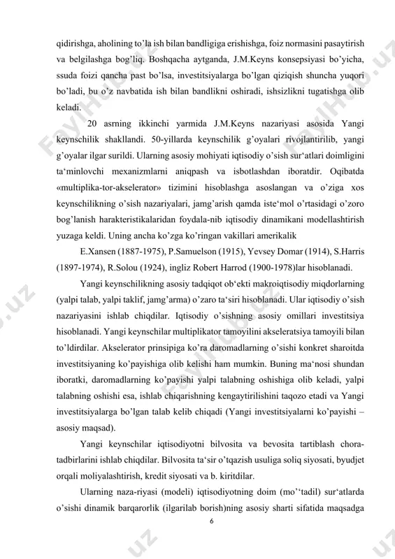 ozirgi davrdagi ahamiyati. keyns ta‘limoti inqirozlar, urushlar va urushdan keyingi davrlar uchun samarali bo’ldi, chunki favqulotta holatlar davrida davlatning roli kuchli bo’lishi kerak. amalda esa ayniqsa, 2-jahon urushidan so’ng g’arb mamlakatlarini sotsialistik orentatsiyasi kuchaydi (davlat mulki oshib bordi), davlat byudjeti qarzlari ko’payib, ishsizlik ham o’sgan, inflyatsiya kuchli. bu ijtimoiy ishlarni ko’paytirishga qaratilgan tadbirlar oqibatidir deb tan olinmoqsa. ishsizlikning ish haqini pasaytirish yo’li bilan hal etish tarafdorlari ham mavjud, ammo pul massasini ko’paytirish (inflyatsiyaga olib keladi), ya‘ni emissiya yo’li ko’pchilikka oson ko’rinadi. bu konsepsiya ma‘lum davr mobayniyaa inflyatsiya bo’lmagan holda minimal ishsizlik darajasini isbotlashga imkon beradi. 70-yillardan boshlab keyns ta‘limotiga nisbatan davlatning iqtisodiyotga aralashuvi bo’yicha neoliberalizm g’oyalari asosiy bo’lib qoldi, chunki bu davrda jahoning ko’pgina mam-lakatlarida inqiroz holatlari doim voqeaga aylanib qoldi. inflyatsiya, davlat byudjetining kamomadi, ishsizlik toboro kuchaydi. neoliberallar keynschilarni tanqid qilar ekanlar, iqgisodiyotda davlat sektorining oshuvi, erkin raqobatning kamayishi, iqtisodiyotning muhim tarmoqlariga investitsiya-lar kamayganligi ular g’oyalarining sayozligidan dalolat bera-di, …