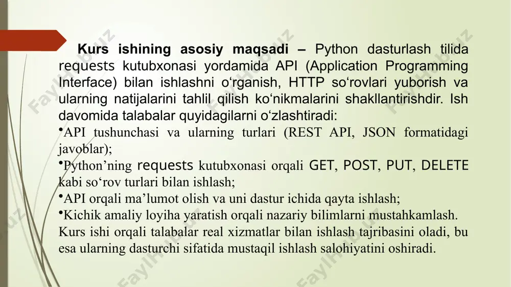 api’lar avtomatlashtirish vositasi sifatida ham katta ahamiyatga ega. masalan, siz biror jarayonni har safar qo‘lda bajarishni xohlamaysiz — bu holatda api yordamida dasturni avtomatik ravishda kerakli xizmatga ulang va natijani avtomatik qayta ishlang. api turlari (rest, soap) api turlari haqida gapirganda, eng ko‘p ishlatiladigan ikki turi — rest va soap. ular turli uslublarda ishlaydi va ma’lum sharoitlarda bir-biridan farq qiladi. keling, ularning har birini batafsil ko‘rib chiqaylik. rest (representational state transfer) rest — bu arxitektura uslubi bo‘lib, u tizimlar o‘rtasidagi aloqani oddiy va samarali qilishga qaratilgan. rest api’lar odatda http protokoli asosida ishlaydi va turli resurslarga murojaat qilish uchun oddiy url’lar (manzillar)dan foydalanadi. restful api’lar quyidagi asosiy printsiplarga amal qiladi: stateless (holatsizlik): har bir so‘rov mustaqil bo‘lib, oldingi so‘rovlarga bog‘liq emas. bunda har bir so‘rov o‘zida kerakli barcha ma’lumotlarni olib kelishi kerak. server foydalanuvchi holatini saqlamaydi. soap (simple object access protocol) soap — bu xizmatga asoslangan protokol bo‘lib, u tarmoq …