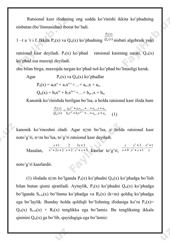 natordagi belgilarni o'zgartirsangiz, fraksiyaning qiymati o'zgarmaydi. agar belgini faqat numeratorda yoki faqat denominatorda o'zgartirsangiz, unda fraksiyon uning belgisini o'zgartiradi: shunday qilib, misol uchun, ratsional fraktsiyalarni kamaytirish fraksiyani qisqartirish-bu fraksiyonun numerator va denominatorini ularning umumiy multiplikatoriga bo'lish demakdir. bunday qisqarish ehtimoli fraksiyaning asosiy xususiyati bilan bog'liq. ratsional fraksiyani kamaytirish uchun numerator va denominatorni ko'paytirgichlarga ajratish kerak. agar numerator va denominator umumiy multiplikatorga ega bo'lsa, unda fraksiyon kamaytirilishi mumkin. agar umumiy omillar bo'lmasa, fraktsiyalarni qisqartirish yo'li bilan o'zgartirish mumkin emas. misol: fraktsiyani kamaytirish qaror: bizda bor shunday qilib, fraktsiyani kamaytirish quyidagi hollarda amalga oshiriladi includepicture "https://natalibrilenova.ru/media/images/139302.png" \* mergeformatinet ratsional fraktsiyalarni umumiy mezonlar bilan olib kelish bir nechta ratsional fraktsiyalarning umumiy mezoni har bir fraksiyaning denominatoriga bo'lingan butun oqilona ifodadir (qarang: p.54). misol uchun, fraktsiyalarning umumiy mezoni va x + 2 va x - 2ga bo'linadigan polinom (x + 2)(x - 2) bo'lib xizmat qiladi. umumiy maxraj, shuningdek, xizmat va polinom 3 va …