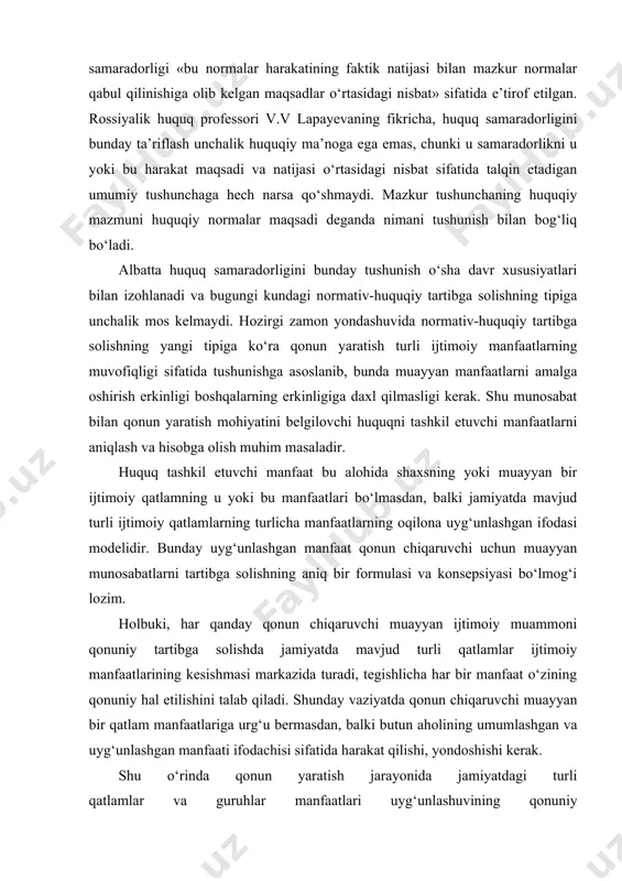 lining umumlashgan va uyg‘unlashgan manfaati ifodachisi sifatida harakat qilishi, yondoshishi kerak. shu o‘rinda qonun yaratish jarayonida jamiyatdagi turli qatlamlar va guruhlar manfaatlari uyg‘unlashuvining qonuniy ifodasini topish dolzarbdir. zero bir guruh yoki qatlam manfaatiga daxl qilgan holda topilgan qonunchilik yechimi jamiyatda ijtimoiy totuvlikni ta’minlashga xalaqit qilishi mumkin. o‘zbekiston respublikasi konstitutsiyasining 20-moddasida mustahkamlanganidek, «fuqarolar o‘z huquq va erkinliklarini amalga oshirishda boshqa shaxslarning, davlat va jamiyatning qonuniy manfaatlari, huquqlari va erkinliklariga putur yetkazmasliklari shart». hozirgi zamon sharoitida huquqning samaradorligini o‘rganish uslublari ta’kidlash joizki, huquq samaradorligini o‘rganish yuzasidan muayyan tajriba to‘plangan bo‘lib, uning muhim bir yo‘nalishi sifatida eksperimental analiz -tajribaviy tahlil usullari tizimini e’tirof etish mumkin. bunda «eks-post-fakto» metodini alohida ko‘rsatish lozim. ushbu metodda tabiiy tarzda tarkib topgan muayyan bir vaziyat olinib, u bu bo‘lib o‘tgan hodisa, voqea xuddi eksperimental omilni harakatga kiritishi sifatida talqin etiladi. qonunchilik samaradorligini tadqiq etishning uslubi sifatida «eks-post-fakto» muayyan ijtimoiy munosabatlari ma’lum bir vaqt davomida huquqiy tartibga solishning turli …