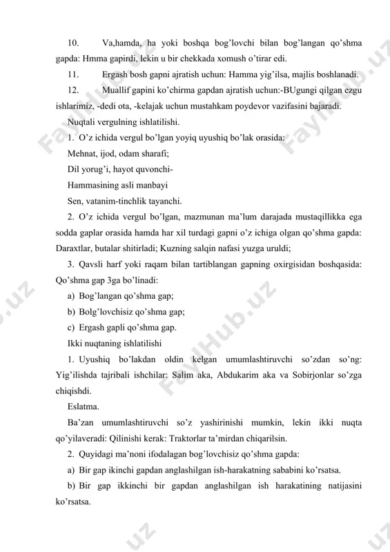 qavsdan keyin qo’yiladi: chavandoz bu gapni ertoirga aytishni ham, aytmaslikni ham bilmay (aytsa ertoyev xafa bo’ladi, aytmasa bir joydan chatog’i chiqishi mumkin), boshi qotib… turganda… gulnora mojarosi chiqsa bo’ladimi? 2. kiritma gap yoki dramatik asardagi remarka qavs bilan beriladi: ukam (sen uni taniysan) bu yil maktabni bitirdi. 3. misol yoki ko’chirmaning manbai: eshik qars etib yopildi (o.yoq.); 4. kirish so’z yoki iboraga oid tinish belgi qavsning ichiga olinadi: to’satdan uning xayoliga ukasining bunday besh-olti oy oldin… yozgan xati (o’shandan beri undan dom darak yo’q!)… tushdi. qoshtirnoqning ishlatilishi. 1. ko’chirma gapni ajratib ko’rsatish uchun: ”ertaga kelaman”, -dedi. 2. ko’chma, shartli nom va taxallus ma’nosidagi ayrim so’z va so’z birikmasi ham qo’shtirnoqqa olinishi mumkin: “tog’ asali” sotadigan yigit… dovonning naryog’iga o’tib ketgan adabiyotlar: 1. o’zbekiston respublikasi vazirlar mahkamasining “davlat tili” “kadrlar tayyorlash milliy dasturi” haqidagi qonunlari. “xalq ta’limi”. 2. ne’matov h., bozorov o. til va nutq. t. 1993. 23 hozirgi o’zbek adabiy …