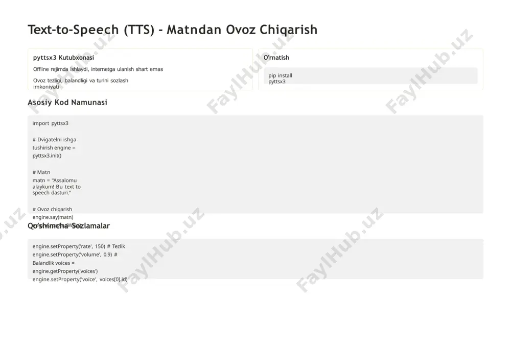 zer() with sr.microphone() as source: print("gapiring...") audio = recognizer.listen(source) try: text = recognizer.recognize_google(audio, language="uz-uz") response = f"siz aytdingiz: {text}" engine.say(response) engine.runandwait() except exception as e: engine.say("xatolik yuz berdi") engine.runandwait() qo'shimcha imkoniyatlar va rivojlantirish virtual yordamchi chatbot va ovozli yordamchi dasturlari yaratish imkoniyati ko'p tillar turli tillarda stt va tts: en-us, ru-ru, uz-uz kabi tillarni qo'llab-quvvatlash offline ishlash vosk kutubxonasi yordamida internetga ulanmasdan nutqni tanib olish gui interfeyslar tkinter yordamida foydalanuvchi uchun qulay grafik interfeys yaratish maslahat: real loyihalarda xatoliklarni qayta ishlash va foydalanuvchi tajribasini yaxshilash uchun qo'shimcha validatsiya va xatolik boshqaruvi qo'shing. e’tiboringiz uchun rahmat! image1.jpg image2.jpg image3.png image4.png image5.jpg image6.png image7.png image8.jpg image9.png image10.png image11.png image12.png image13.png